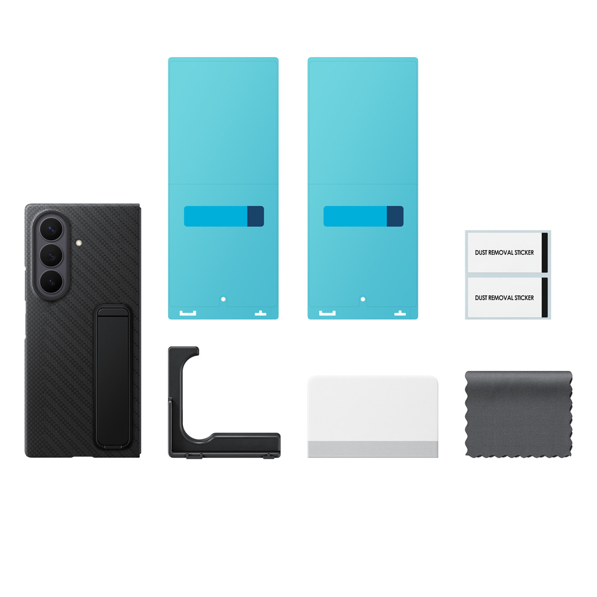 Smartphone in fibra di carbonio con due pellicole protettive blu, supporto, adesivi antipolvere e panno.