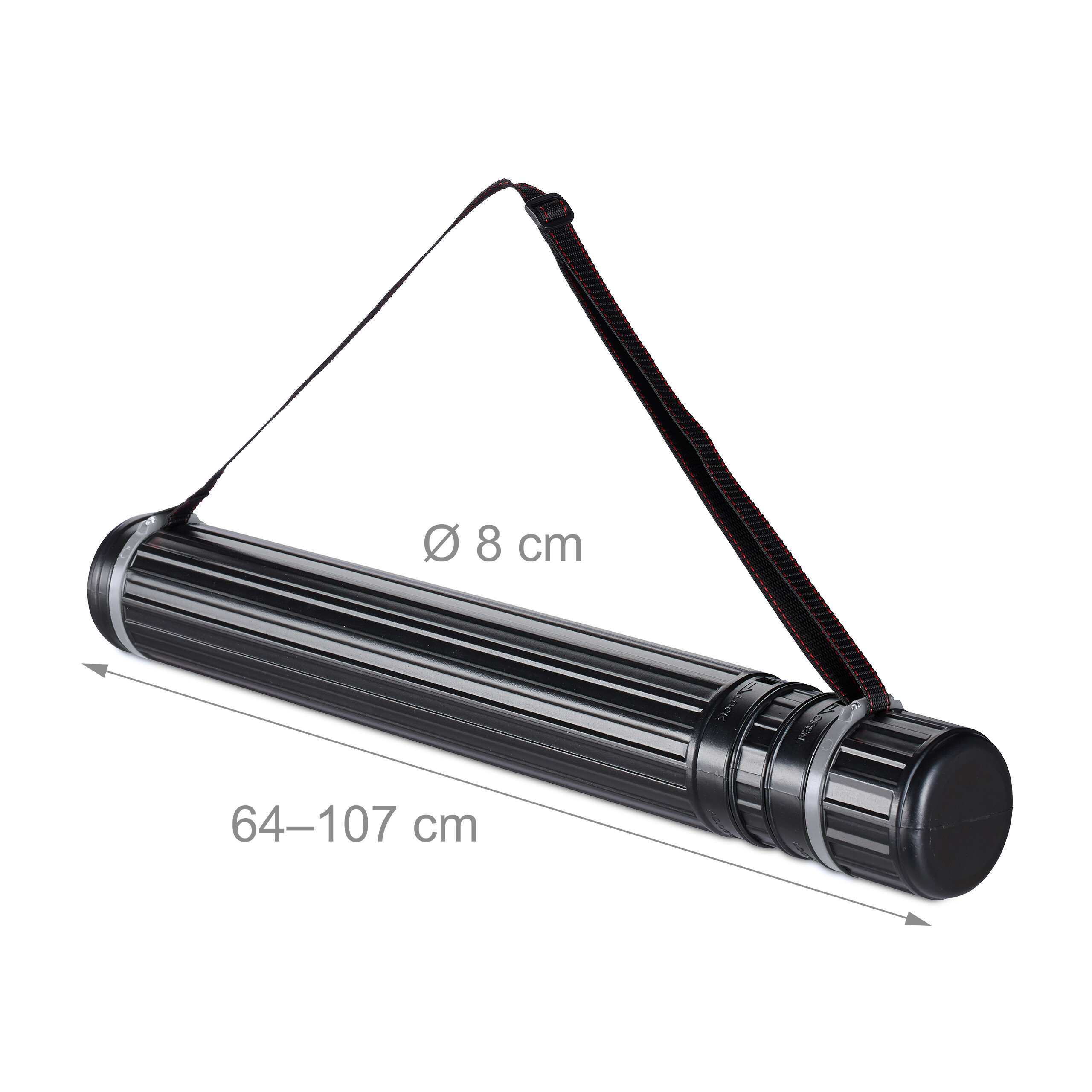 Schwarze Transportrolle aus Kunststoff mit Tragegurt, 8 cm Durchmesser, 64-107 cm lang.