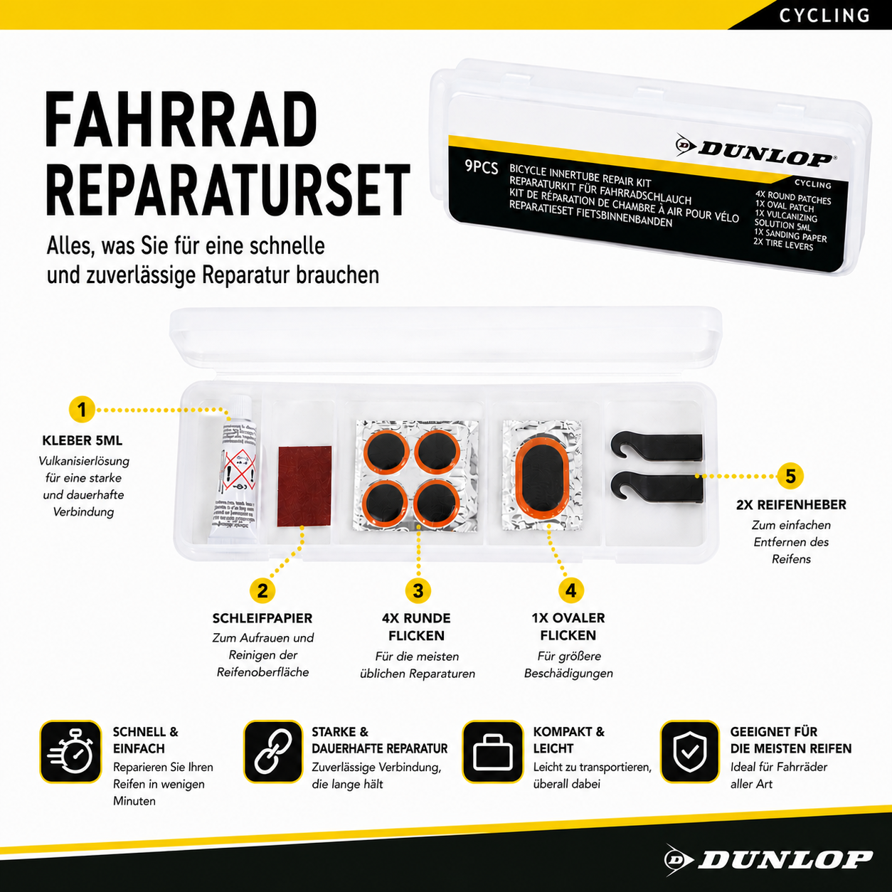 Dunlop fietsreparatieset met lijm, schuurpapier, ronde en ovale plakker en bandenlichters in een doosje.