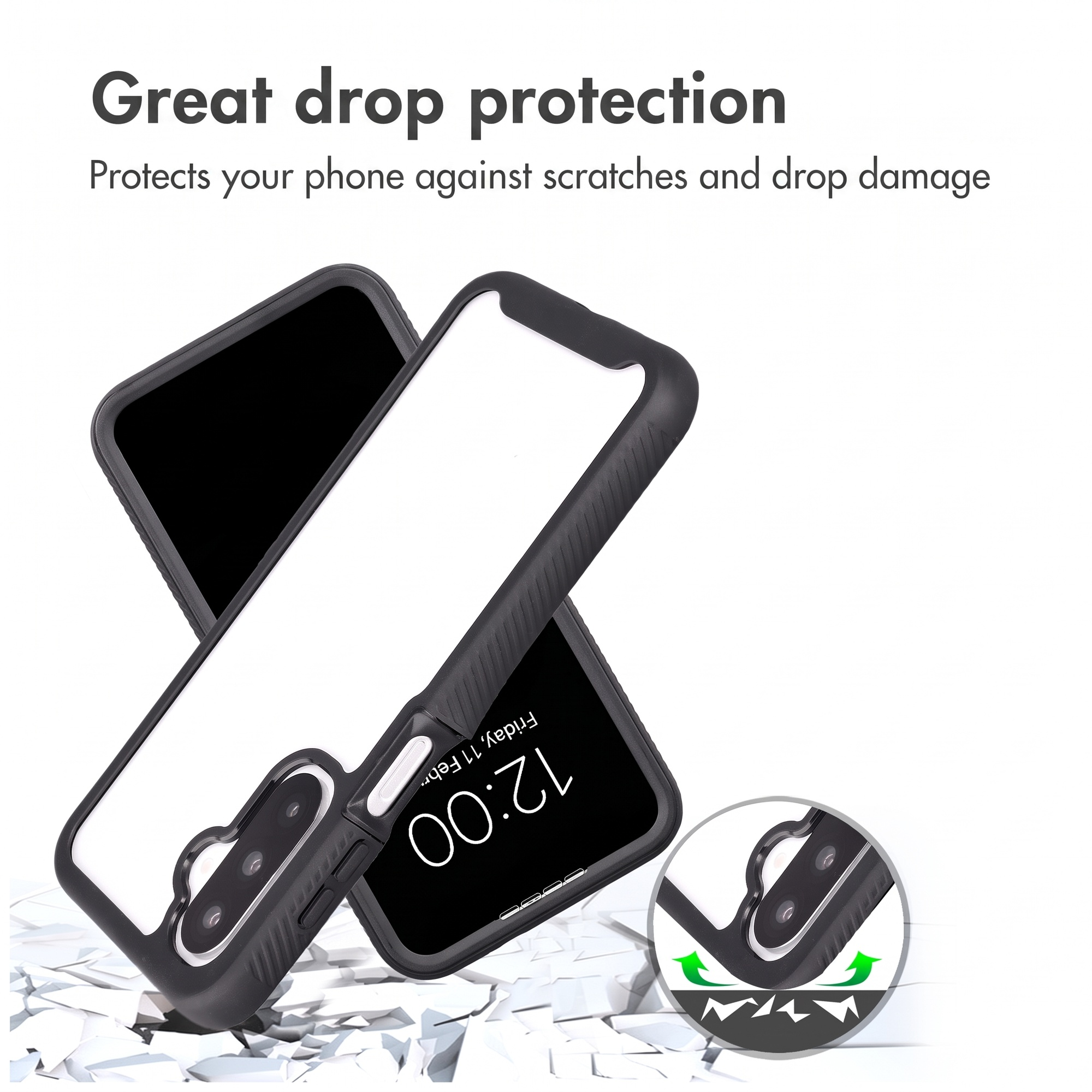 Twee telefoons in zwarte hoesjes op gebroken glas, ter illustratie van valbescherming.