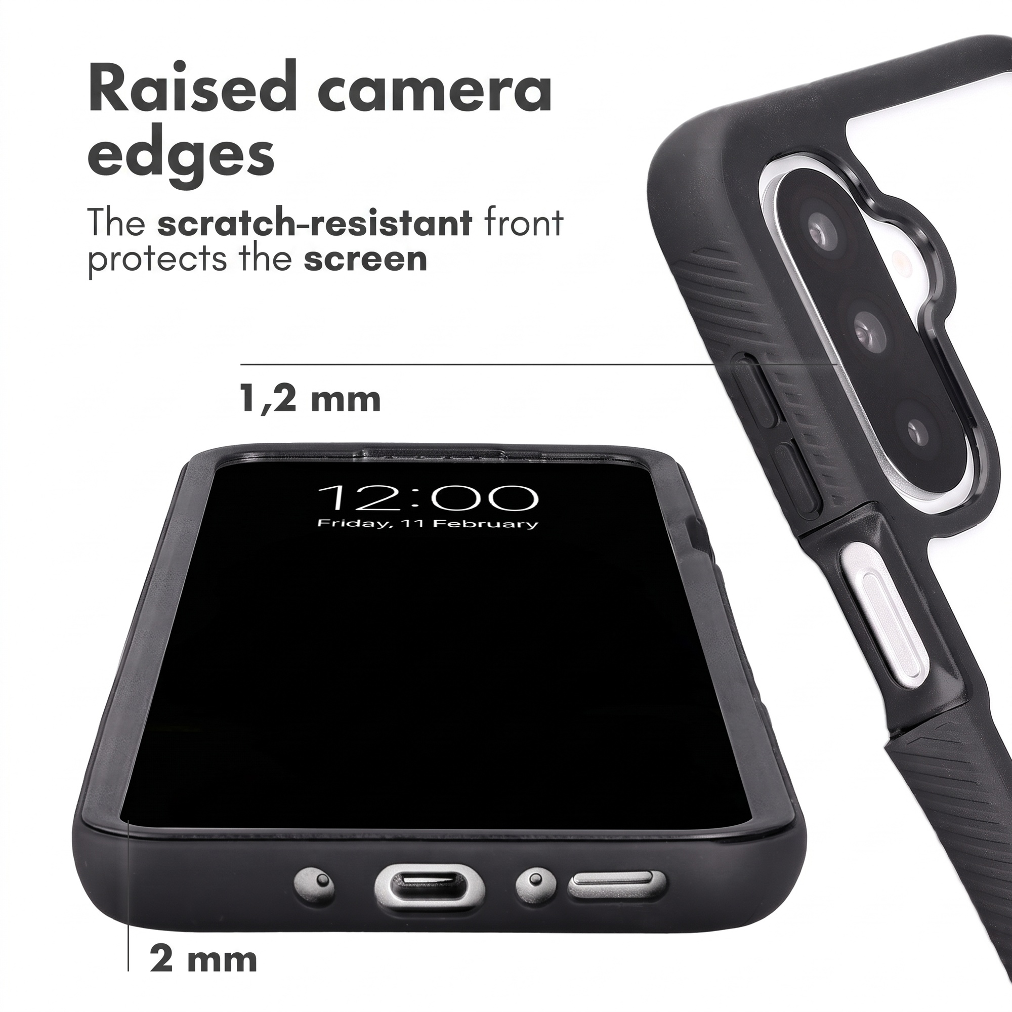 Smartphone in hoesje met 2 mm rand en 1,2 mm verhoogde camera.