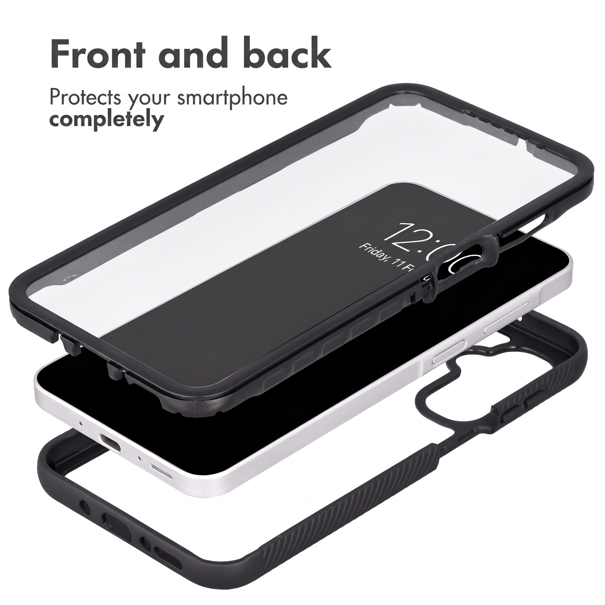 Exploded view van een smartphone beschermhoes voor voor- en achterkant.