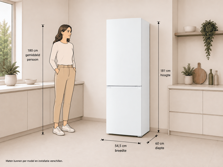 Illustration d'une femme à côté d'un réfrigérateur blanc avec des dimensions dans une cuisine.
