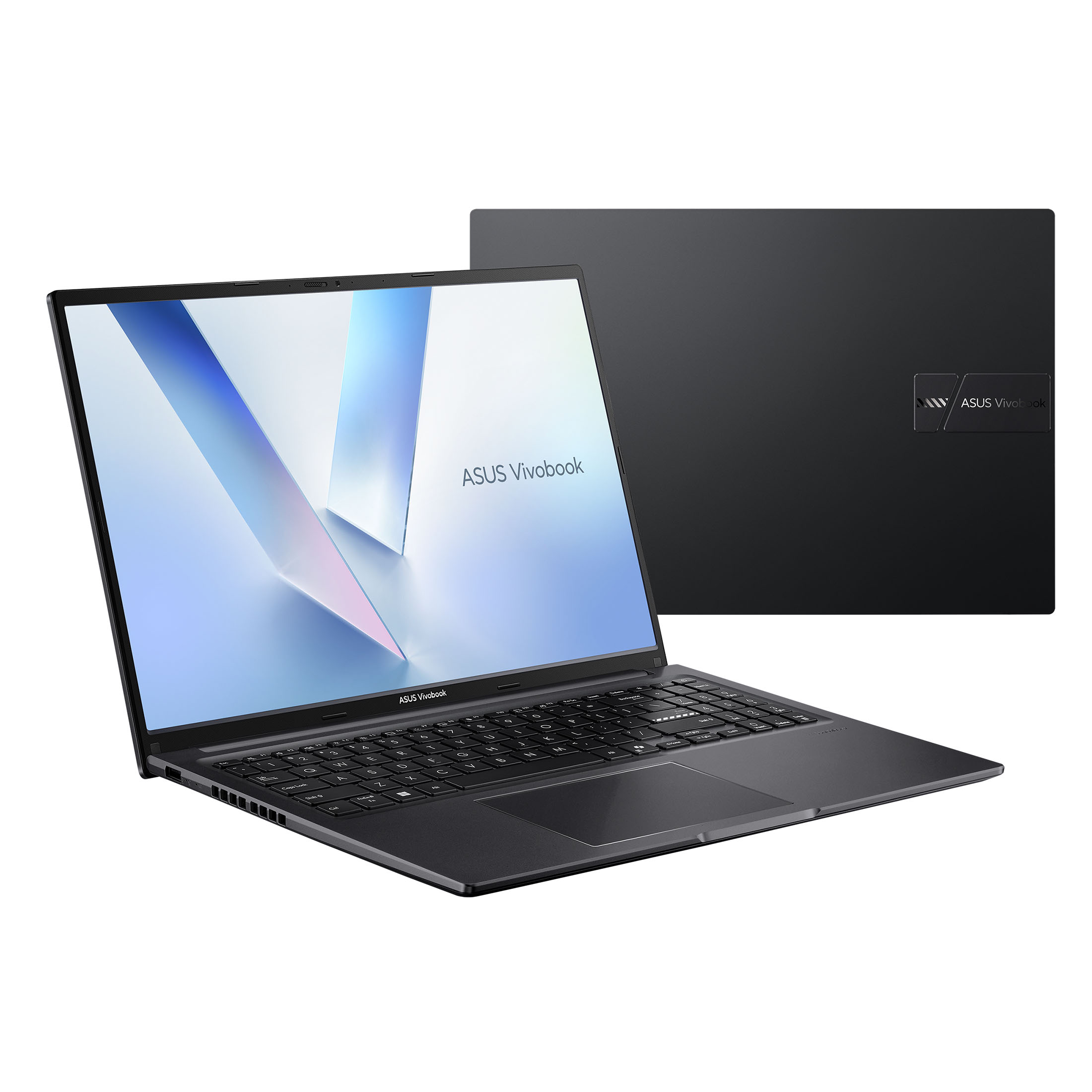 Ein schwarzer Asus Vivobook Laptop mit geöffnetem Display zeigt ein blau-weißes Hintergrundbild.