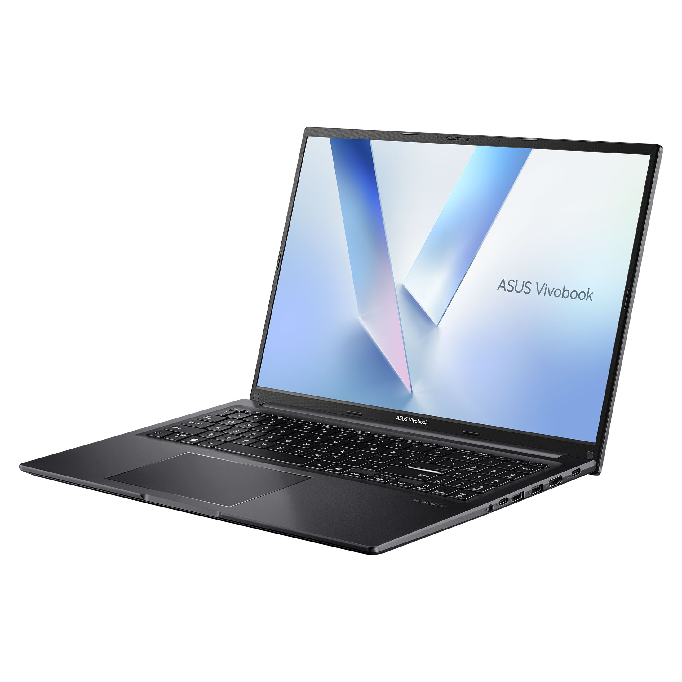 Ein schwarzer ASUS Vivobook Laptop mit abstrakter blauer Tapete ist auf weißem Hintergrund geöffnet.