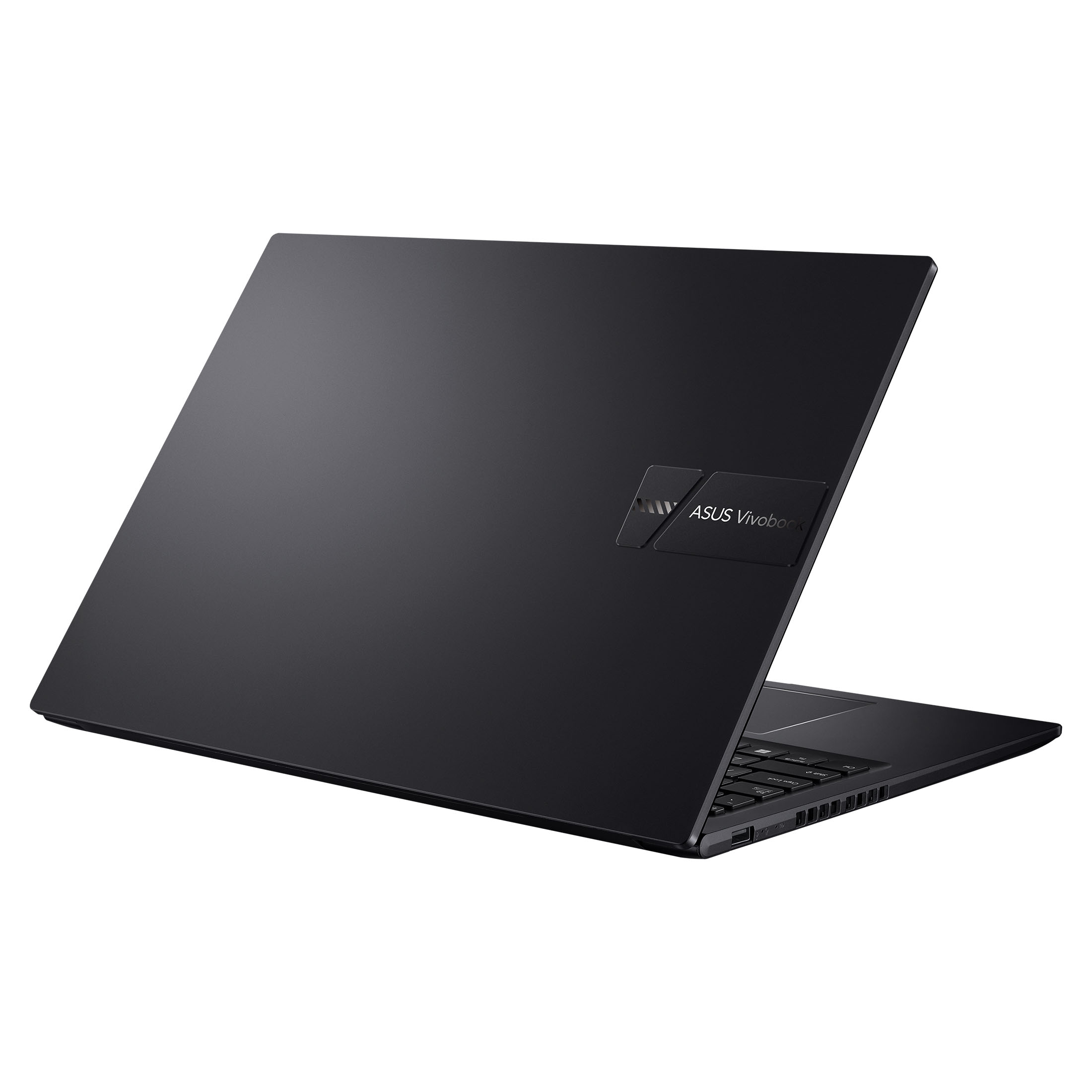 Ein geschlossener schwarzer Asus Vivobook Laptop auf weißem Hintergrund.