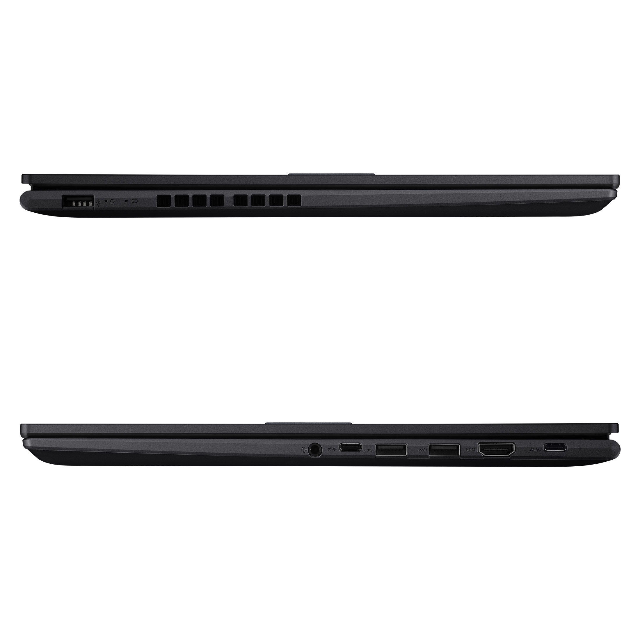 Seitenansichten eines geschlossenen schwarzen Laptops mit verschiedenen Anschlüssen auf beiden Seiten.