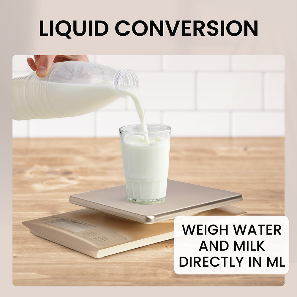 Milk is poured from a bottle into a glass placed on a digital kitchen scale.