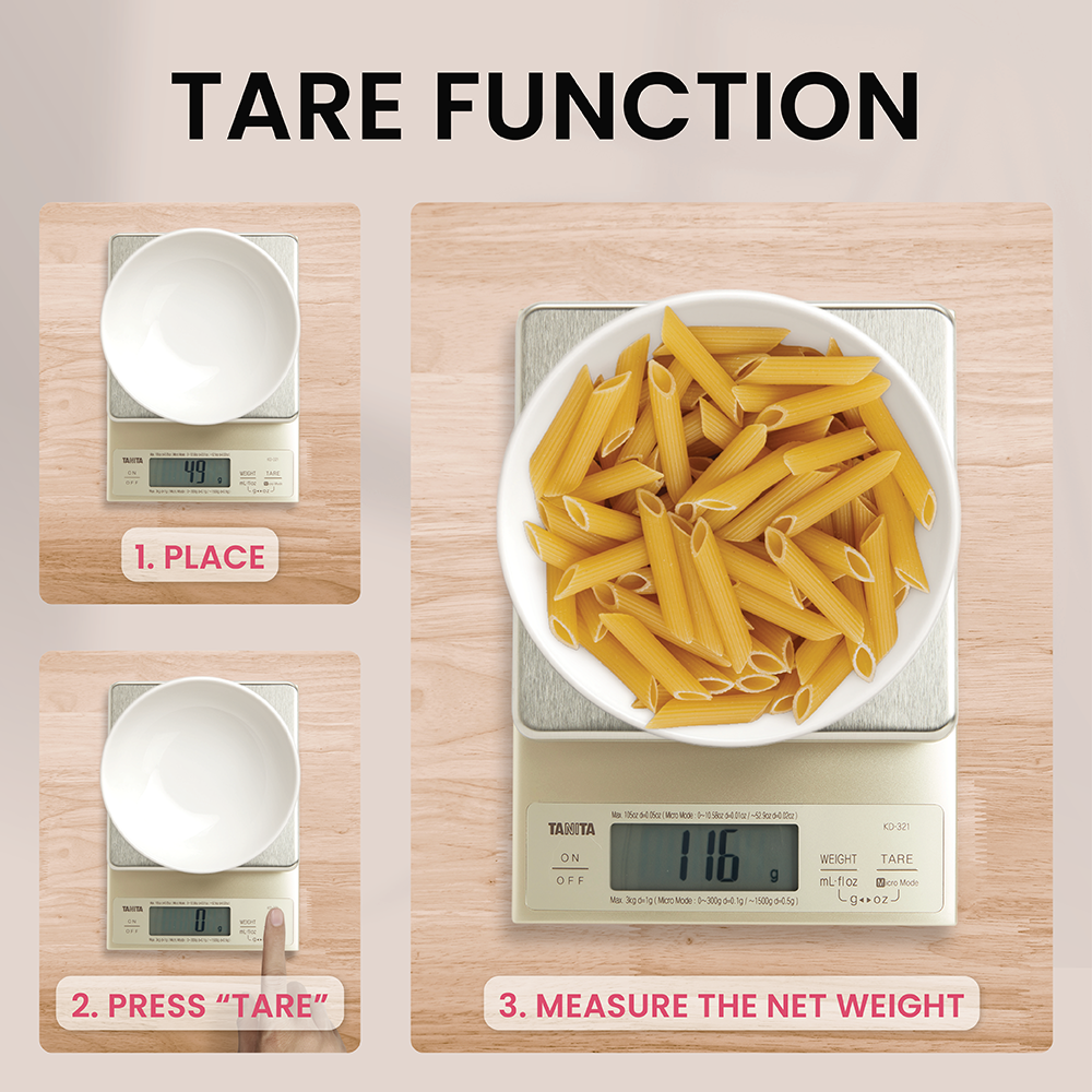 Instructions for tare function using digital kitchen scale, empty bowl, pasta, and steps: place, tare, measure.