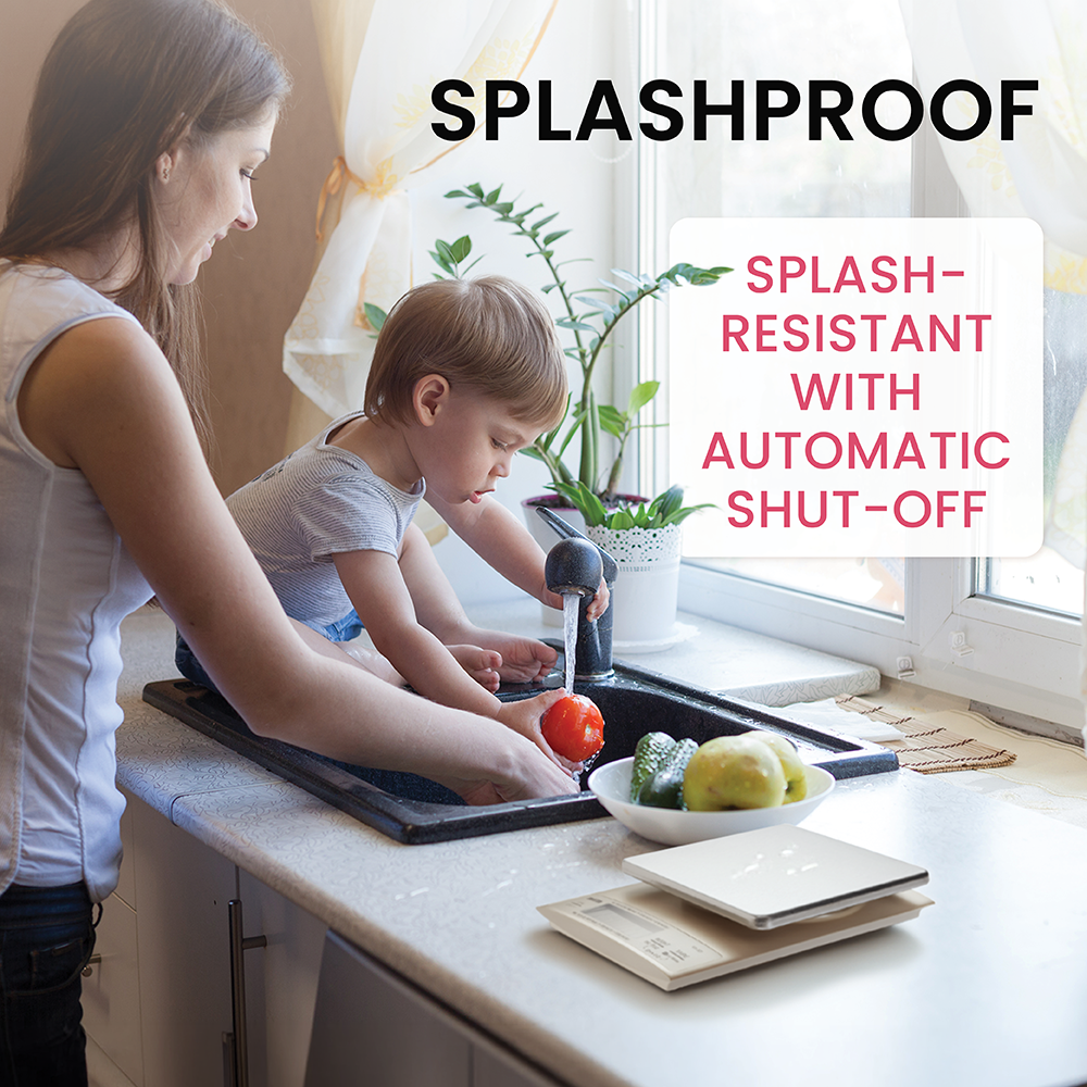 A woman and child wash vegetables at a kitchen sink, with overlaid text and a digital scale on the counter.