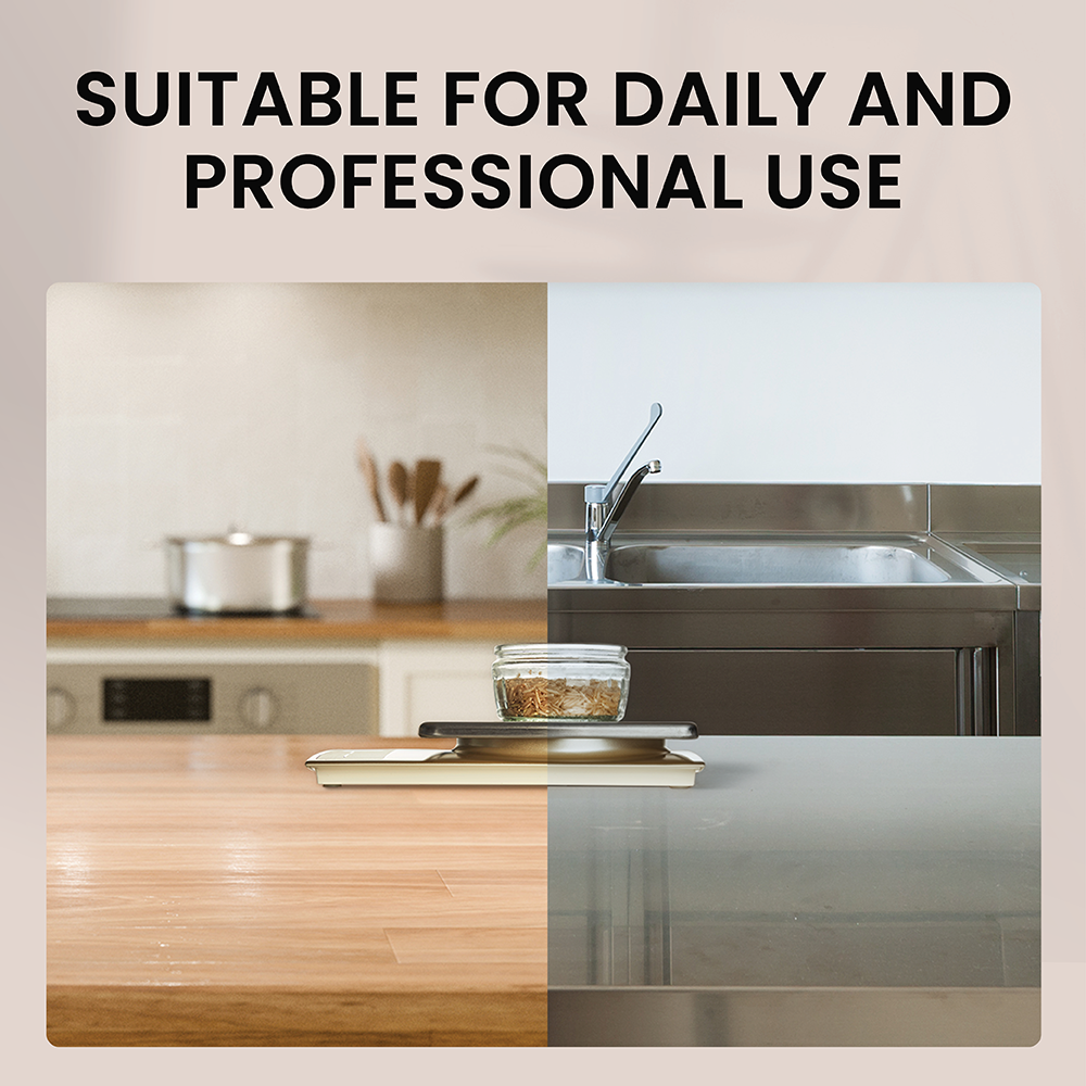 Split image showing a wooden kitchen counter on the left and a stainless steel kitchen counter on the right, with text.