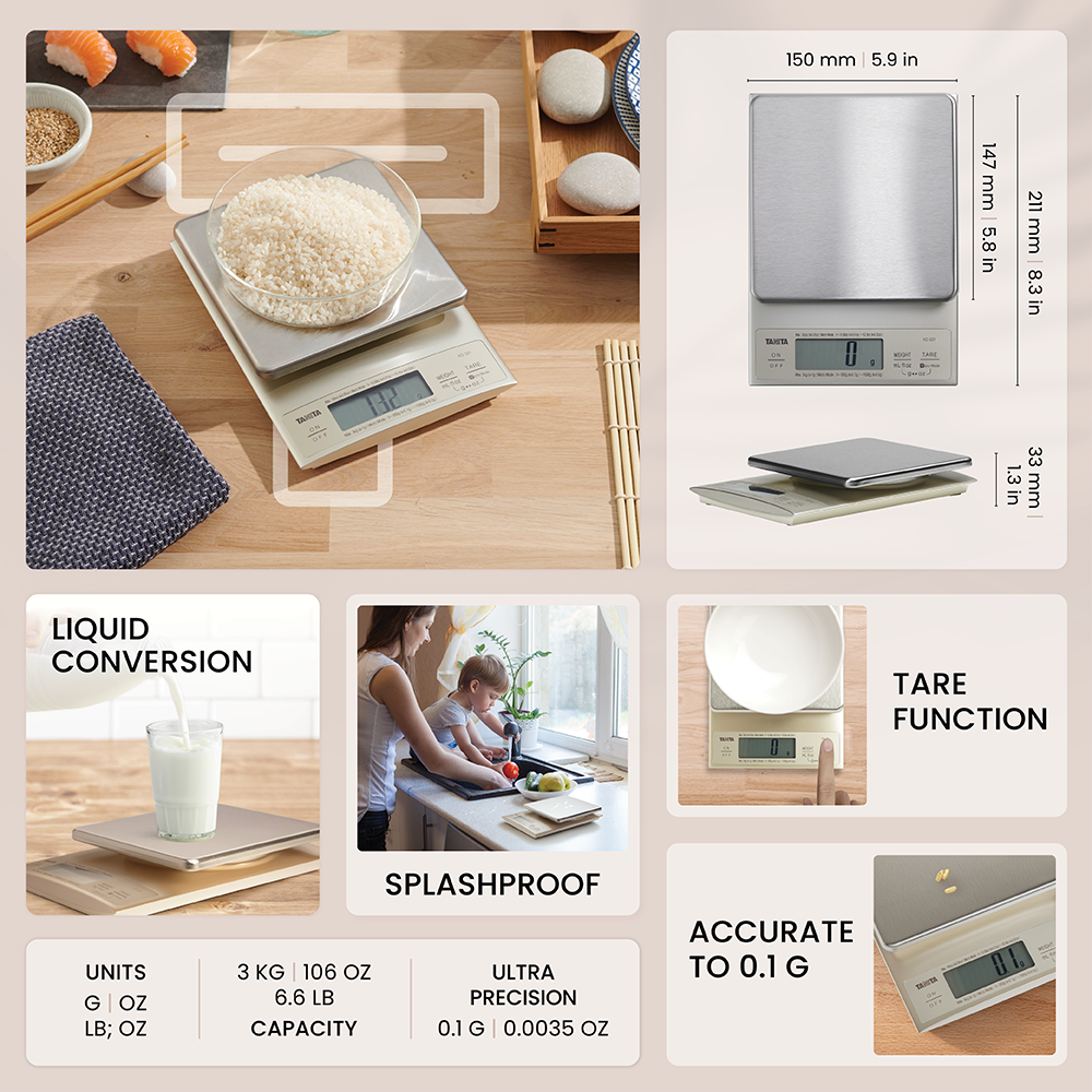 Digital kitchen scale showing dimensions, liquid conversion, tare function, and high precision.