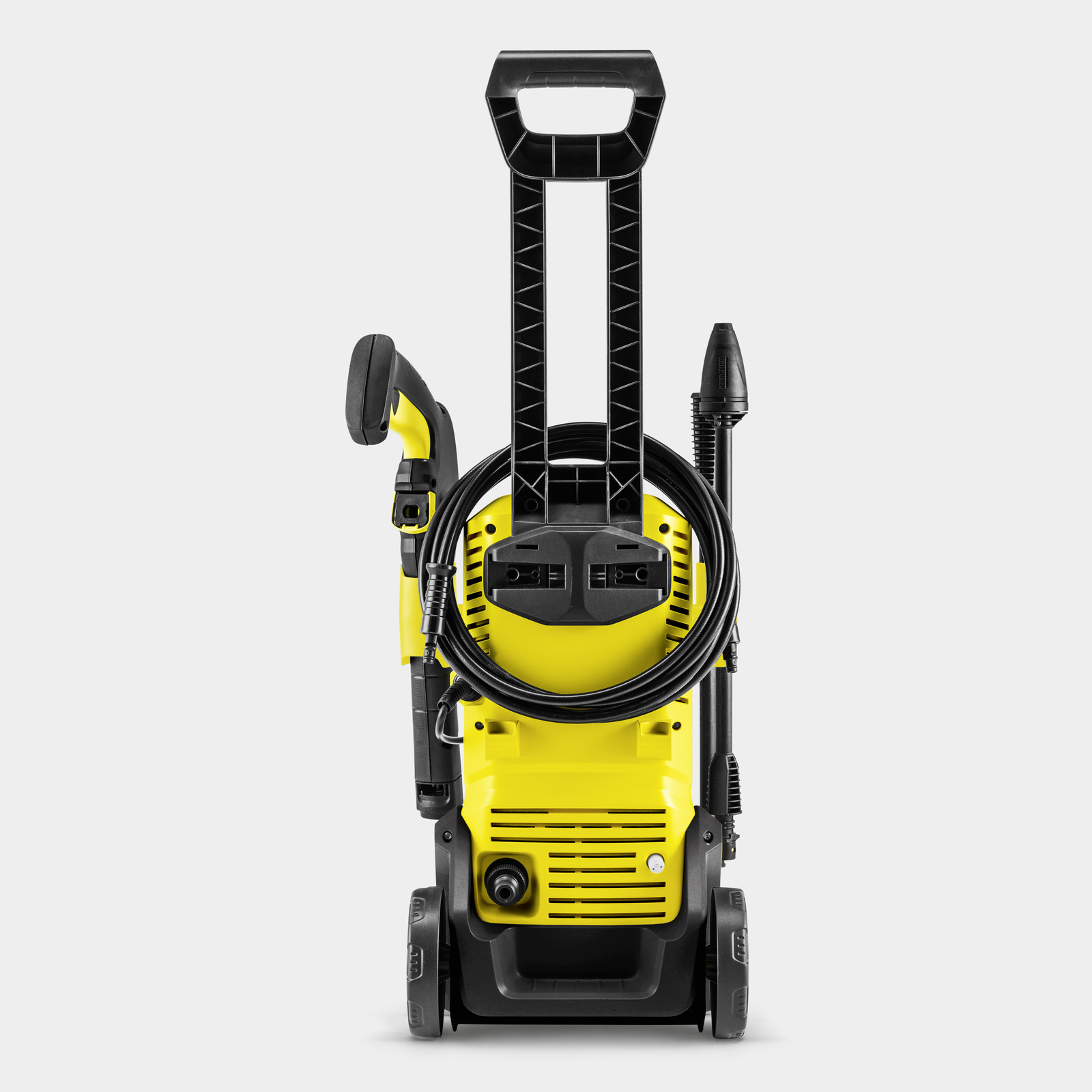 Nettoyeur haute pression jaune et noir avec une longue poignée, un enrouleur et un pistolet.