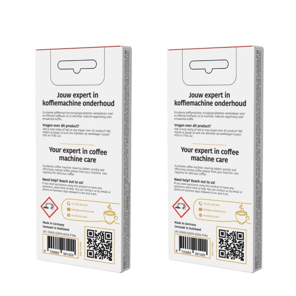 Two white product packaging boxes with black text, a QR code, and a barcode on a white background.