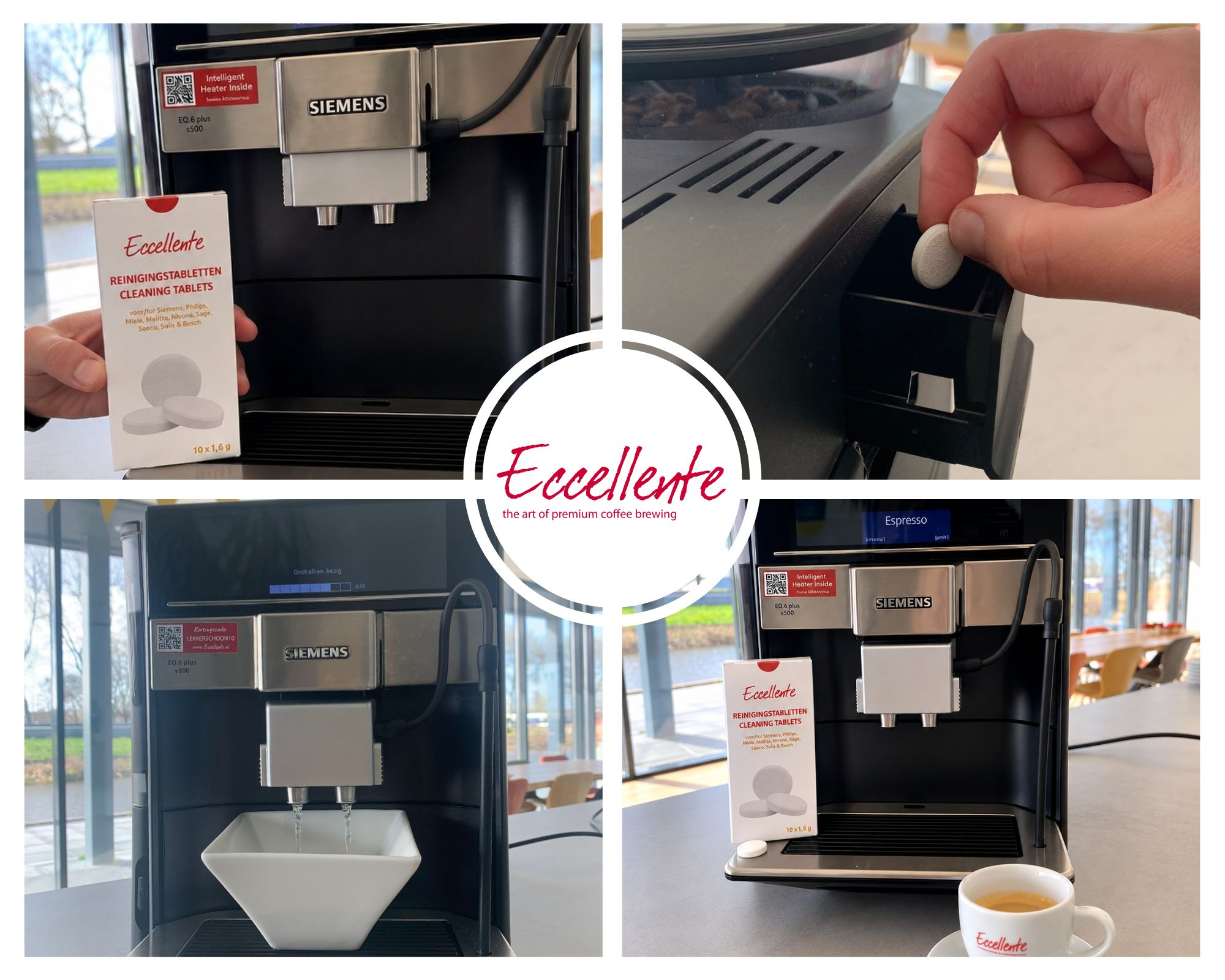 Four-part image of a Siemens coffee machine with Eccellente cleaning tablets and brewing process.