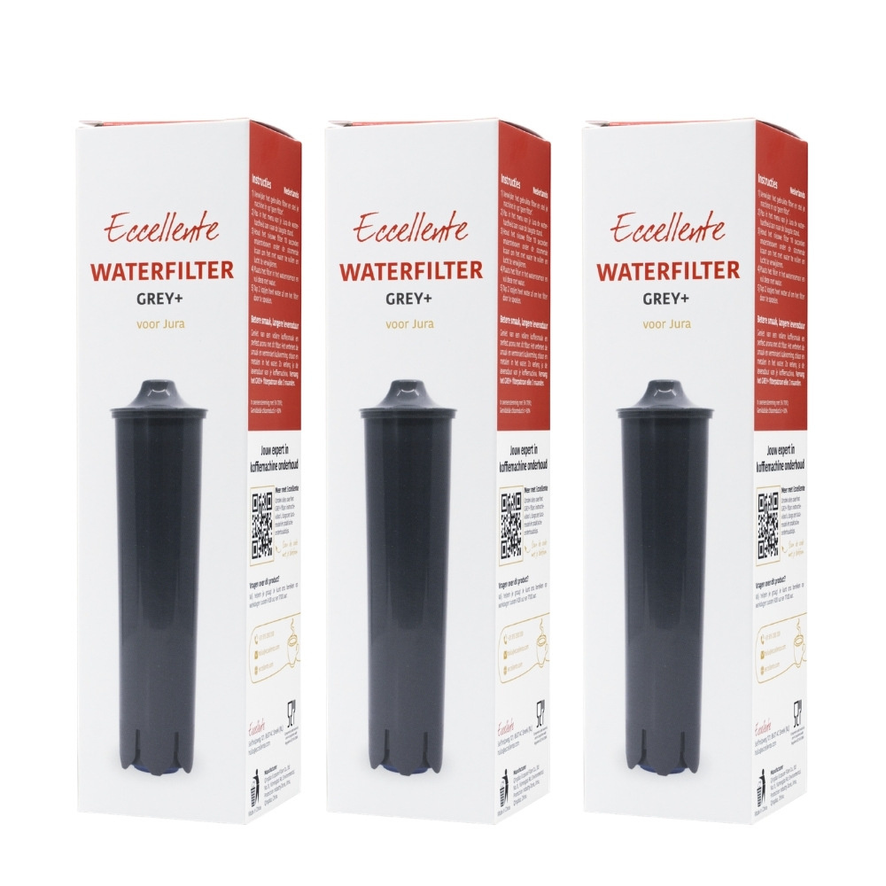 Three identical white and red boxes of Eccellente Waterfilter GREY+ for Jura, each with a grey filter placed in front.
