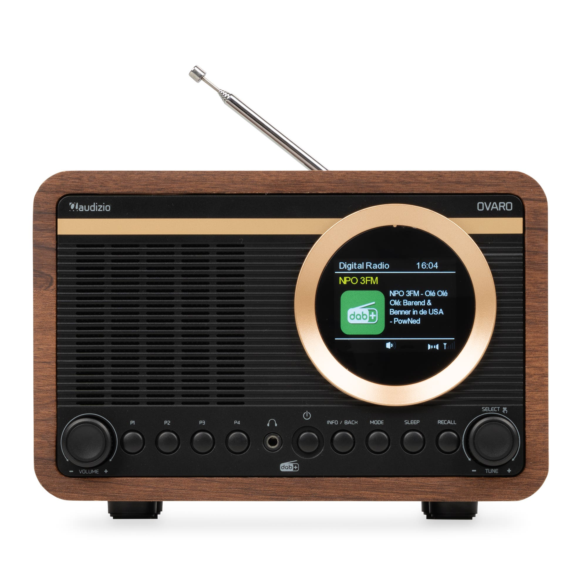 Una radio digital con carcasa de madera, panel frontal negro, pantalla a color redonda, antena y botones.