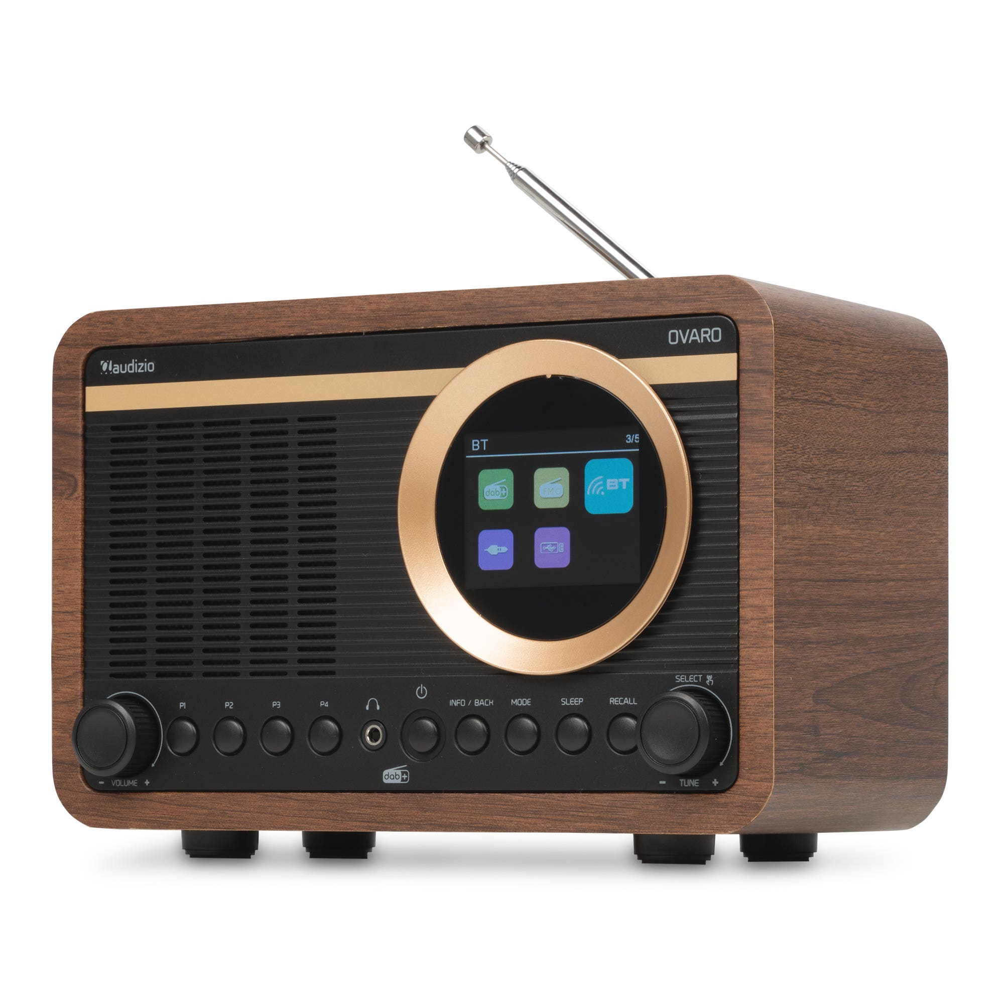 Radio retro de madera con pantalla, antena y botones de control sobre fondo blanco.