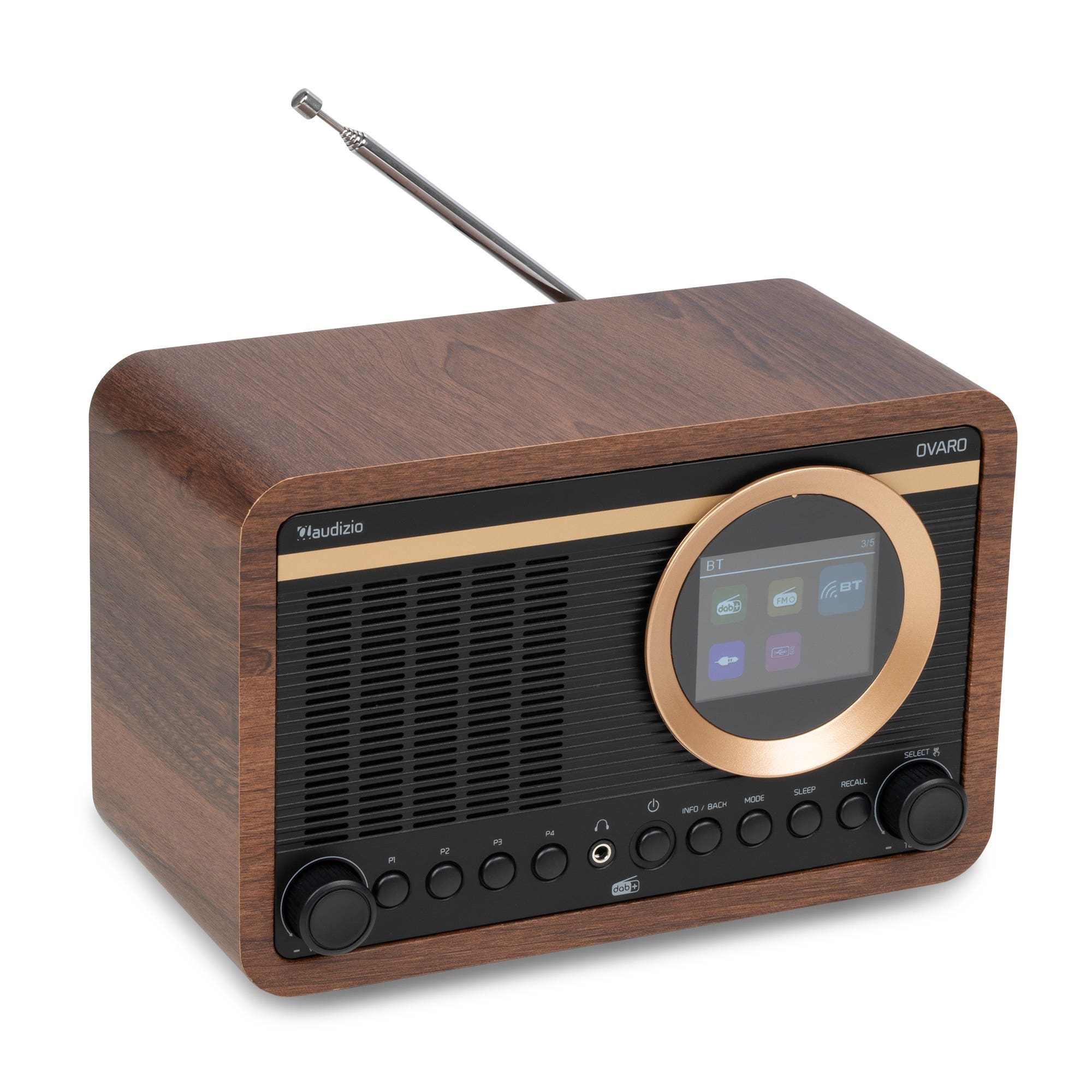 Radio Audizio Ovaro de madera con antena telescópica, pantalla digital, botones y mandos sobre fondo blanco.