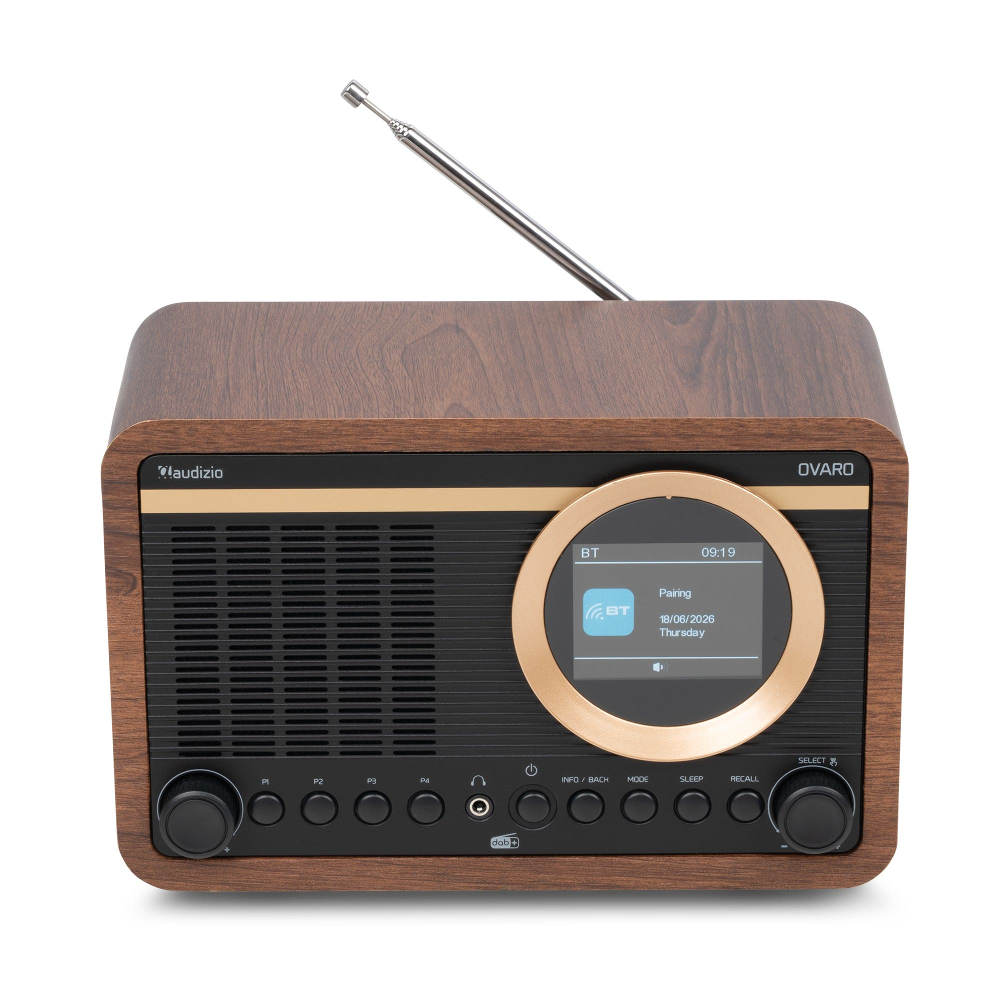 Radio Audizio Ovaro de madera con altavoz, pantalla, botones y antena extendida.