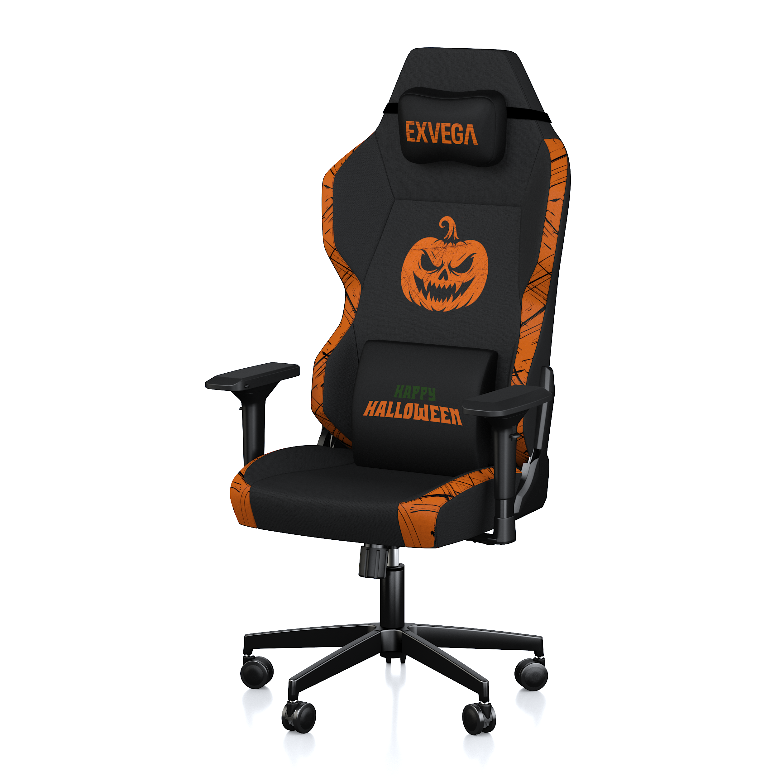 Beyaz arkaplanda balkabağı yüzü ve 'Happy Halloween' yazılı siyah ve turuncu oyuncu koltuğu.