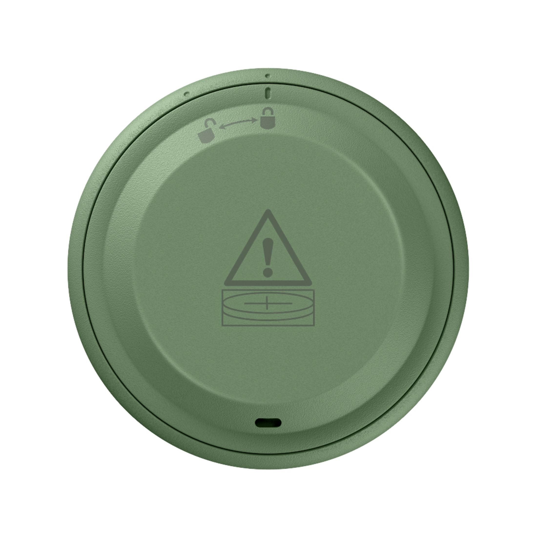 Una tapa redonda de color verde oliva con un triángulo de advertencia y un símbolo de candado sobre fondo blanco.