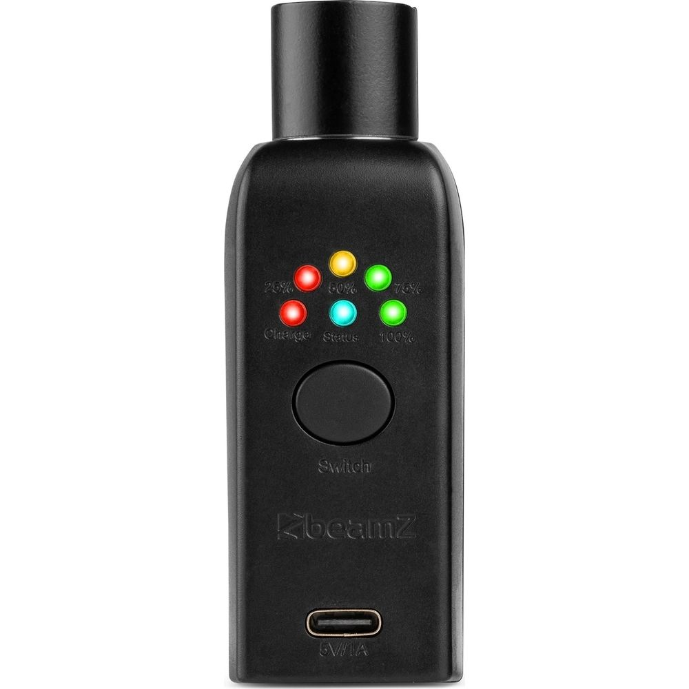 Un dispositivo BeamZ negro con LED de estado, un interruptor redondo y un puerto USB-C.
