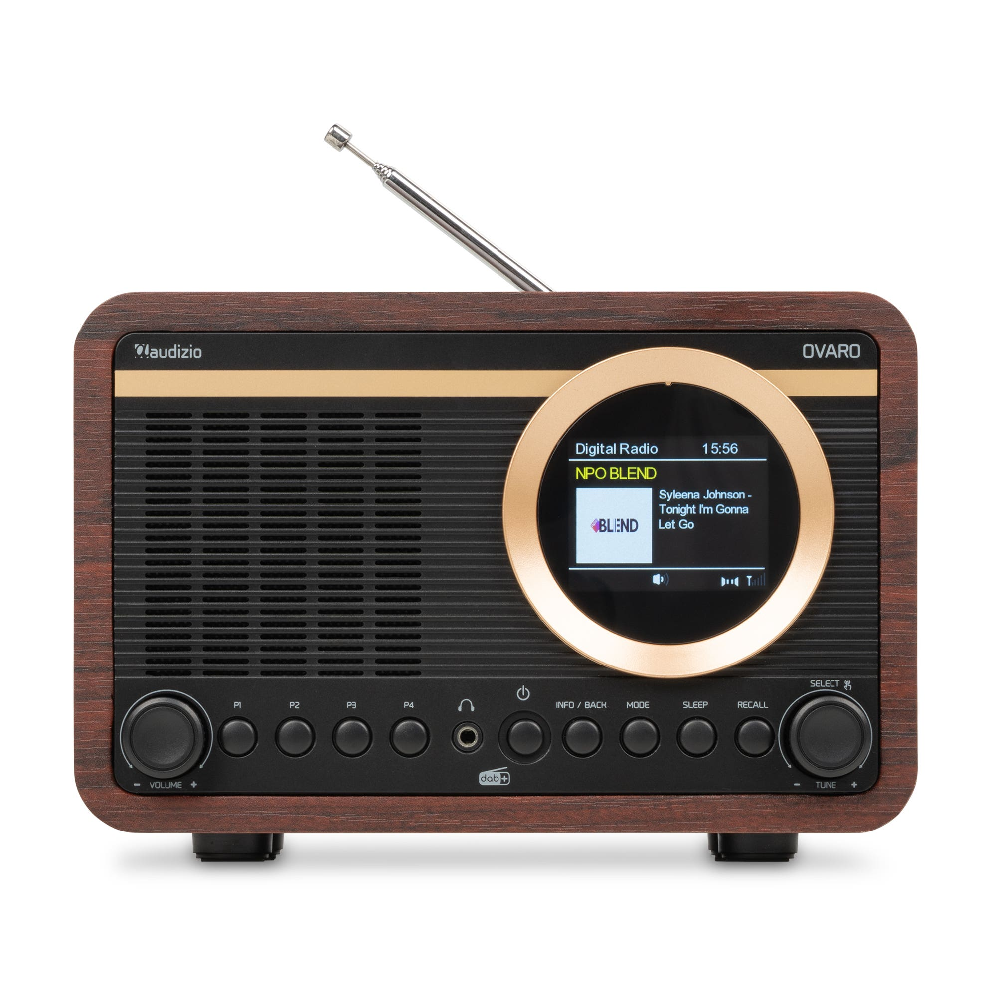 Radio retro Audizio Ovaro con carcasa de madera, pantalla digital, antena y botones de control.