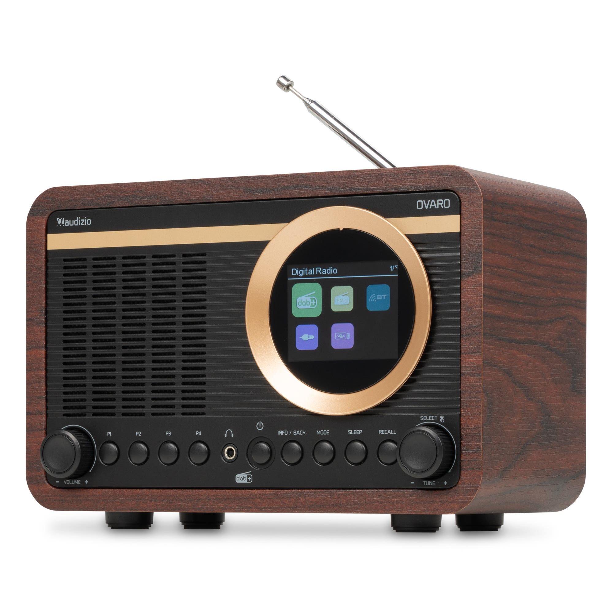 Radio digital con acabado de madera, pantalla redonda, botones y antena extensible sobre fondo blanco.