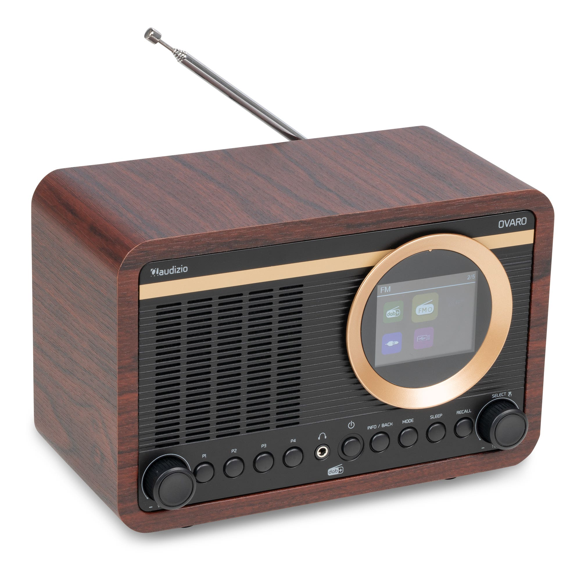 Radio Audizio Ovaro de madera con rejilla frontal negra, pantalla circular, botones de control y antena sobre fondo blanco.