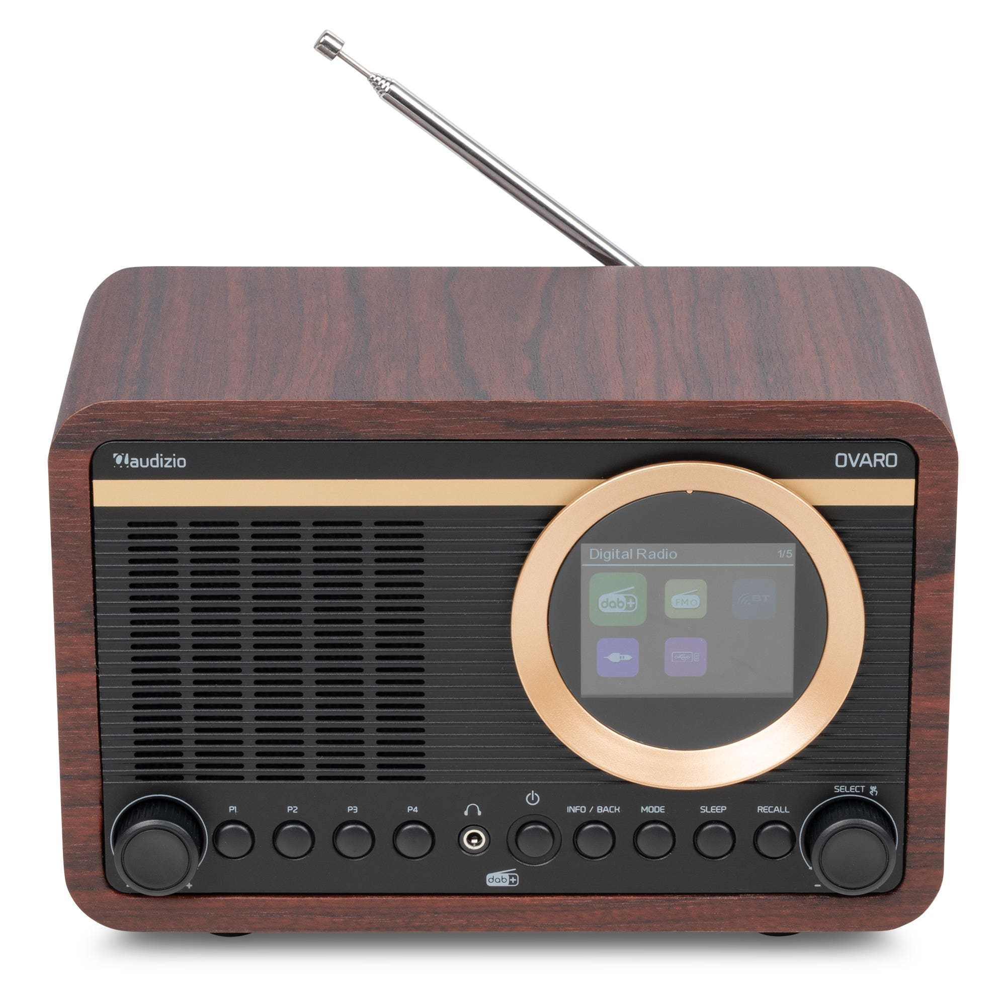 Radio digital de madera con pantalla redonda, rejilla de altavoz, botones de control y antena sobre fondo blanco.