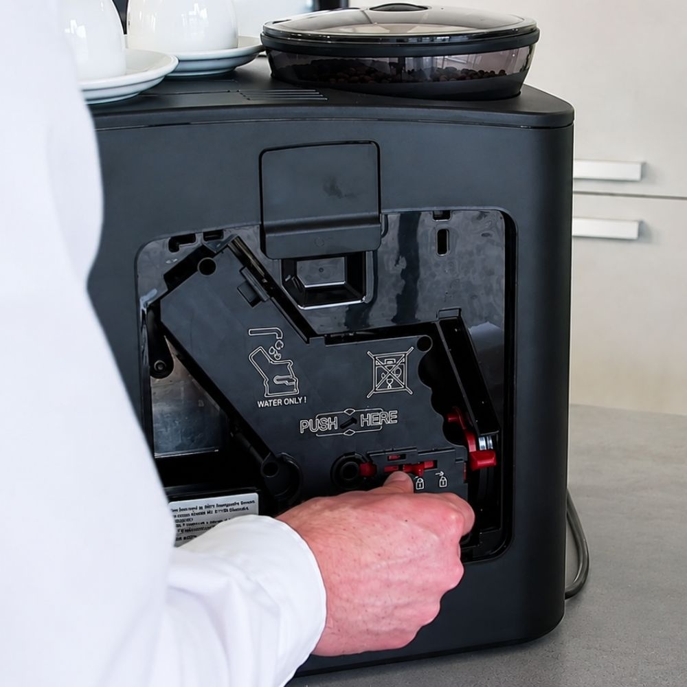 Person inserting the brewing unit into a black coffee machine.