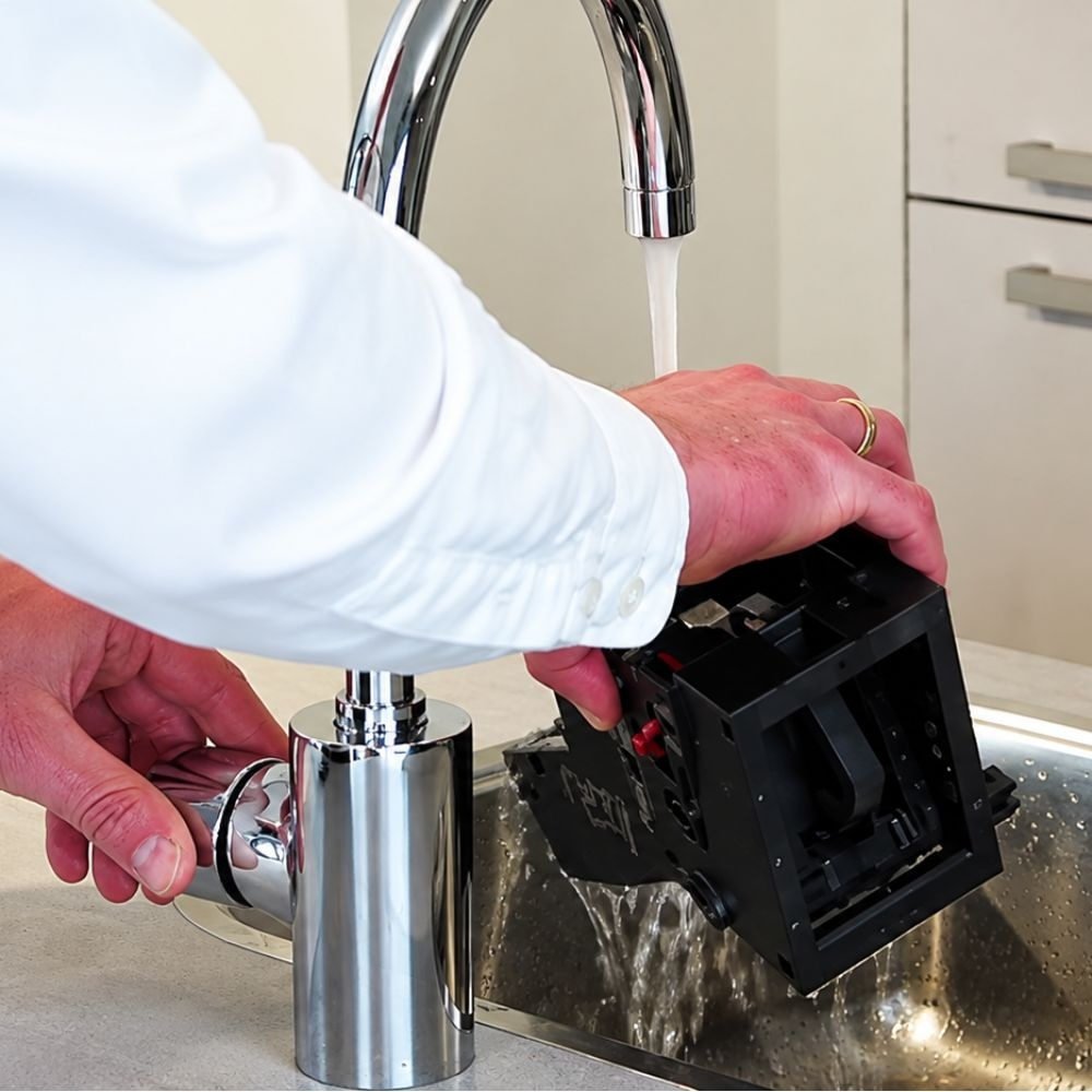 A person in a white shirt rinses a black coffee machine part under a chrome kitchen faucet.