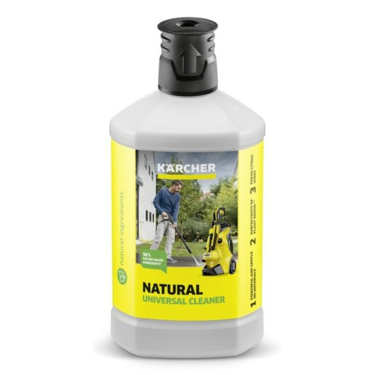 Botella de limpiador universal Karcher blanca con etiqueta amarilla y tapa negra.