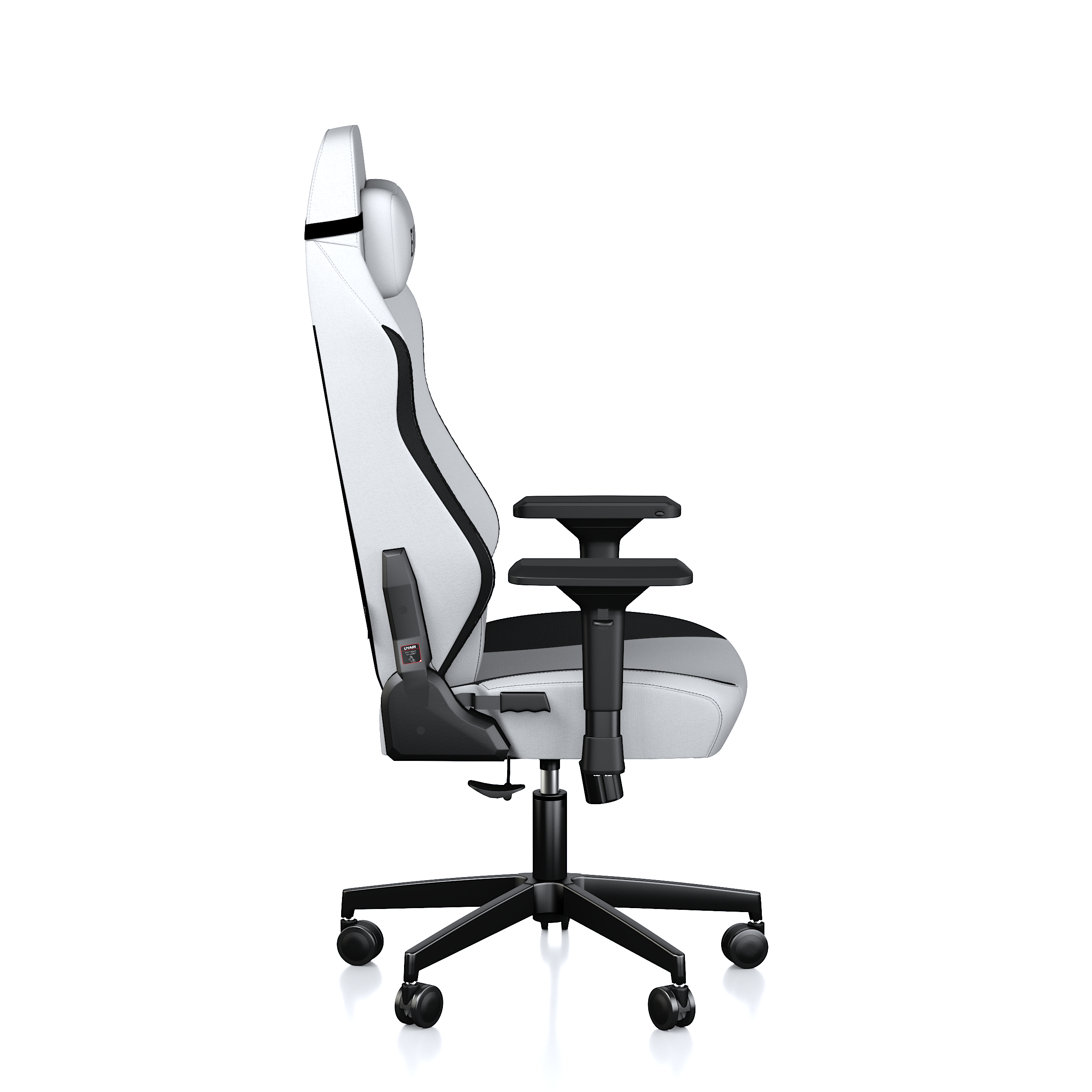 Beyaz arkaplanda yandan görünen beyaz ve siyah ergonomik oyuncu koltuğu.