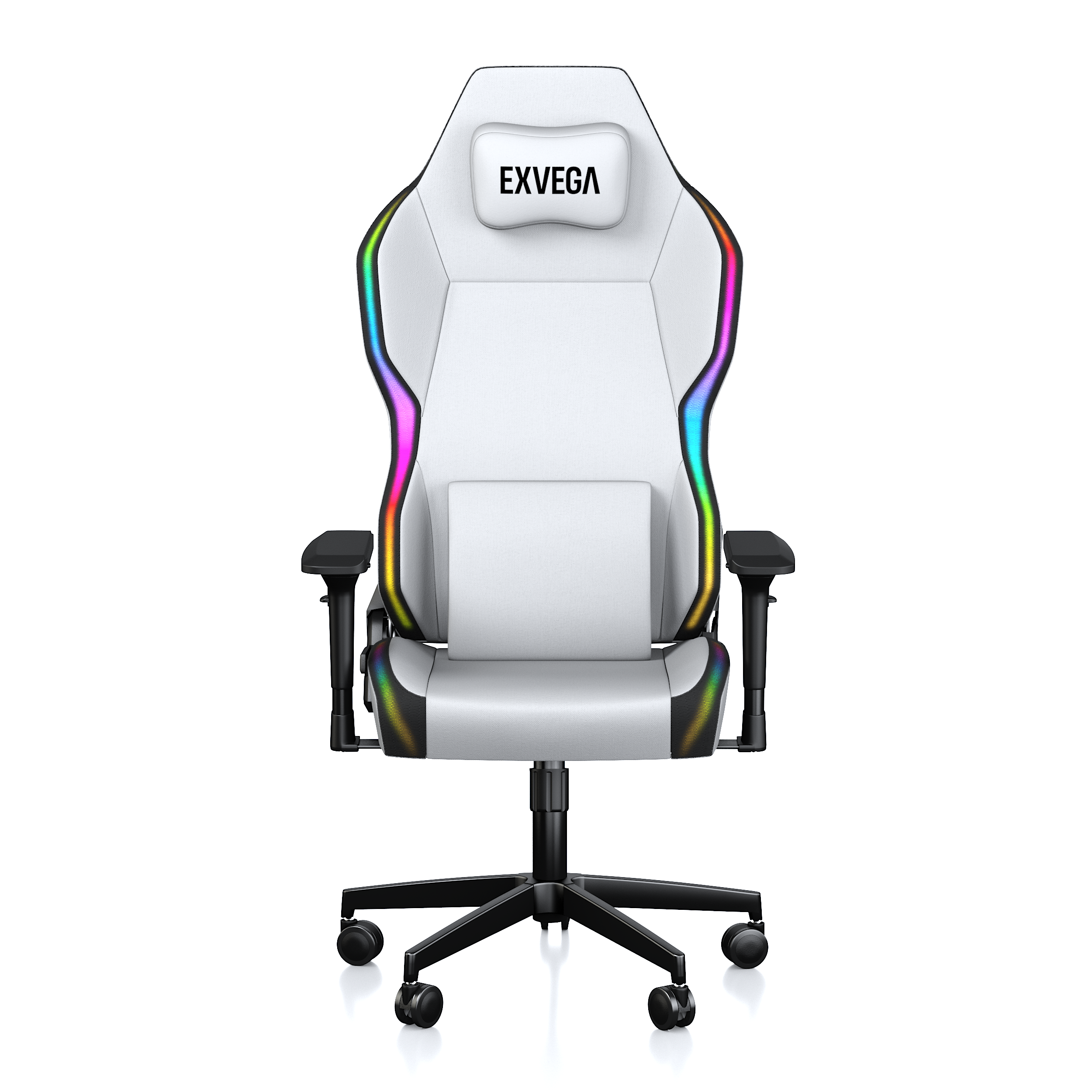 RGB aydınlatmalı, minderli ve tekerlekli siyah beş ayaklı beyaz bir Exvega oyuncu koltuğu.