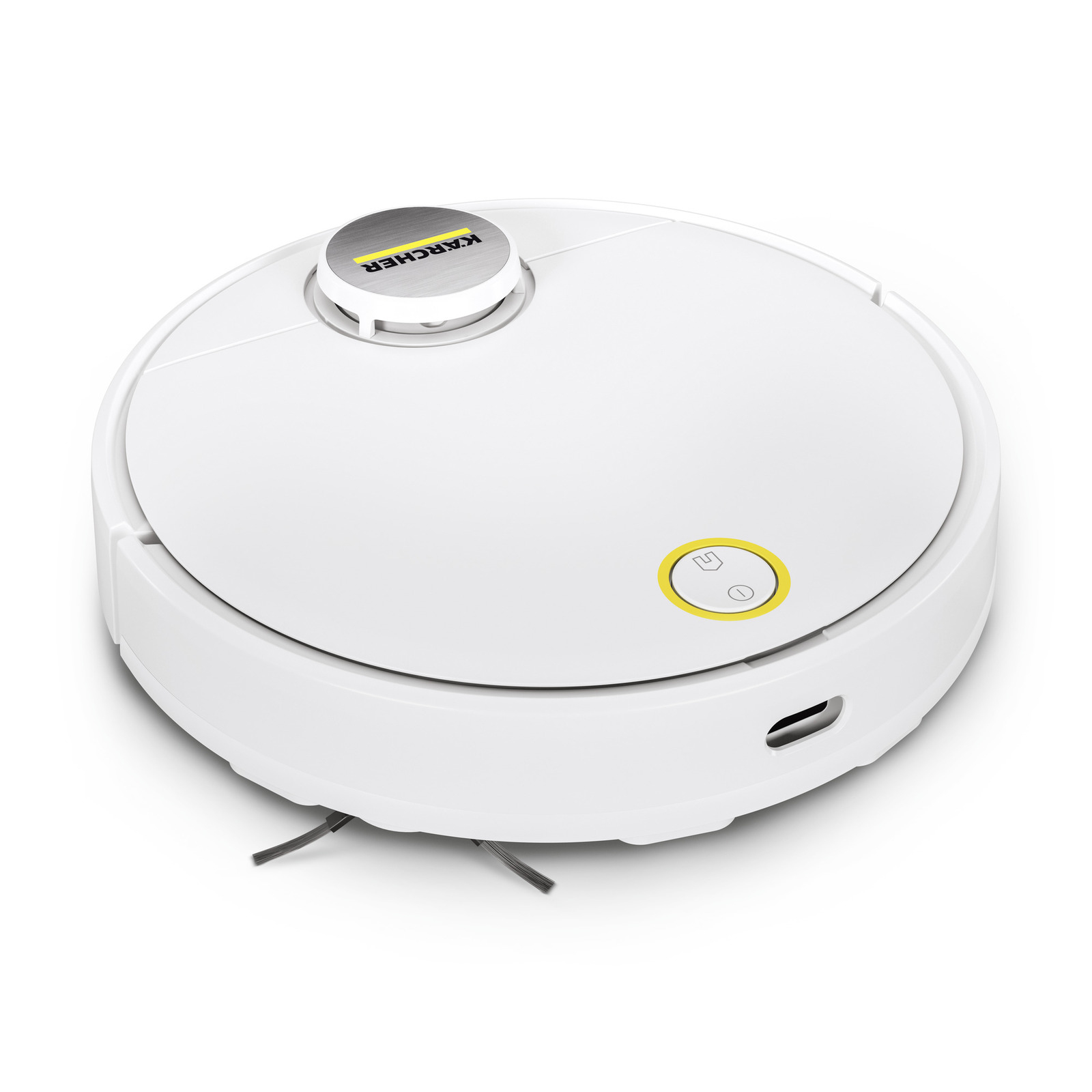 Un robot aspirador Karcher blanco con cepillos laterales negros y una torre de sensores plateada.