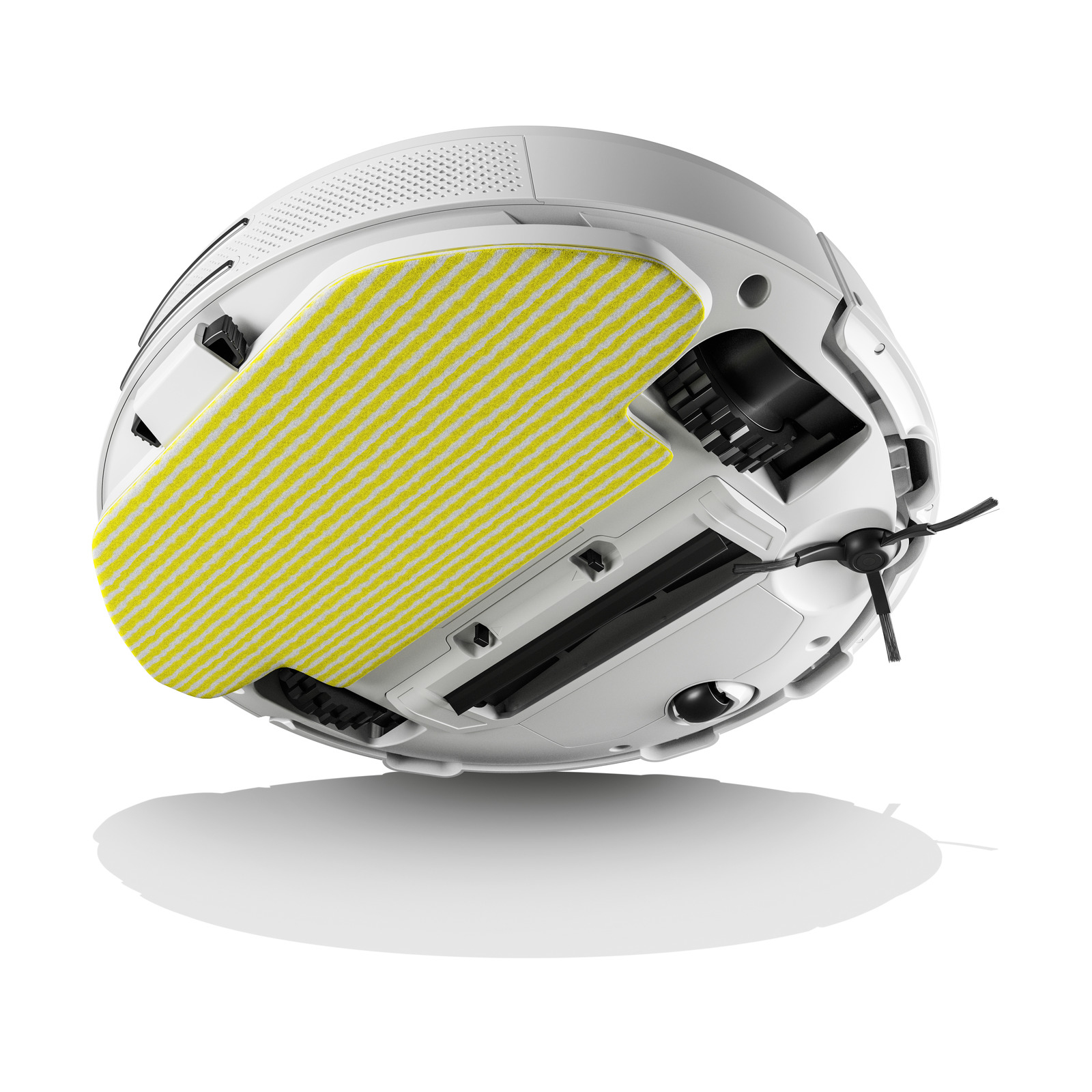 La parte inferior de un robot aspirador blanco con una mopa de rayas amarillas y blancas, ruedas y cepillo lateral.