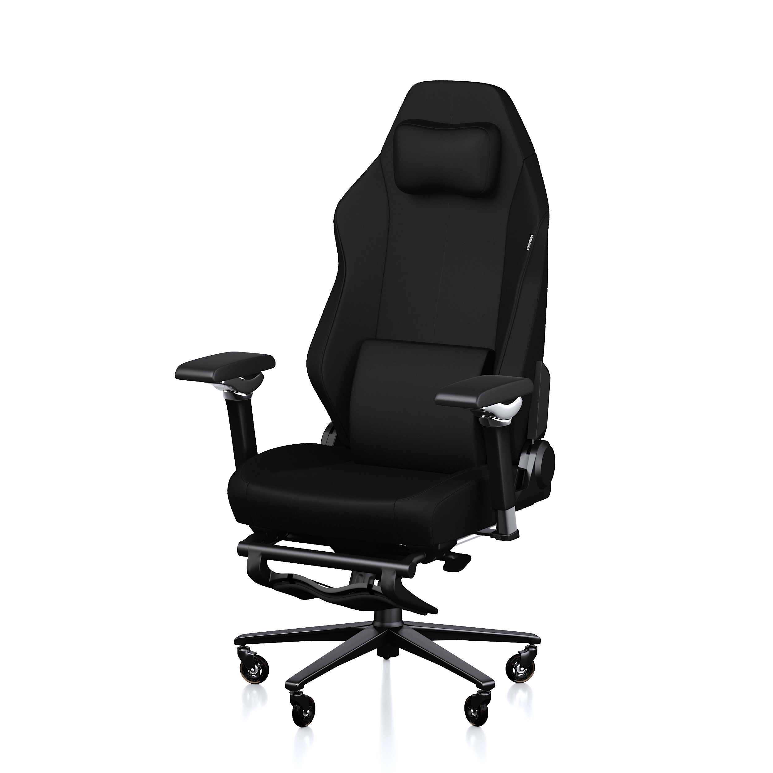 Baş desteği, bel yastığı, ayarlanabilir kolçaklar ve tekerlekleri olan ergonomik siyah oyuncu koltuğu.