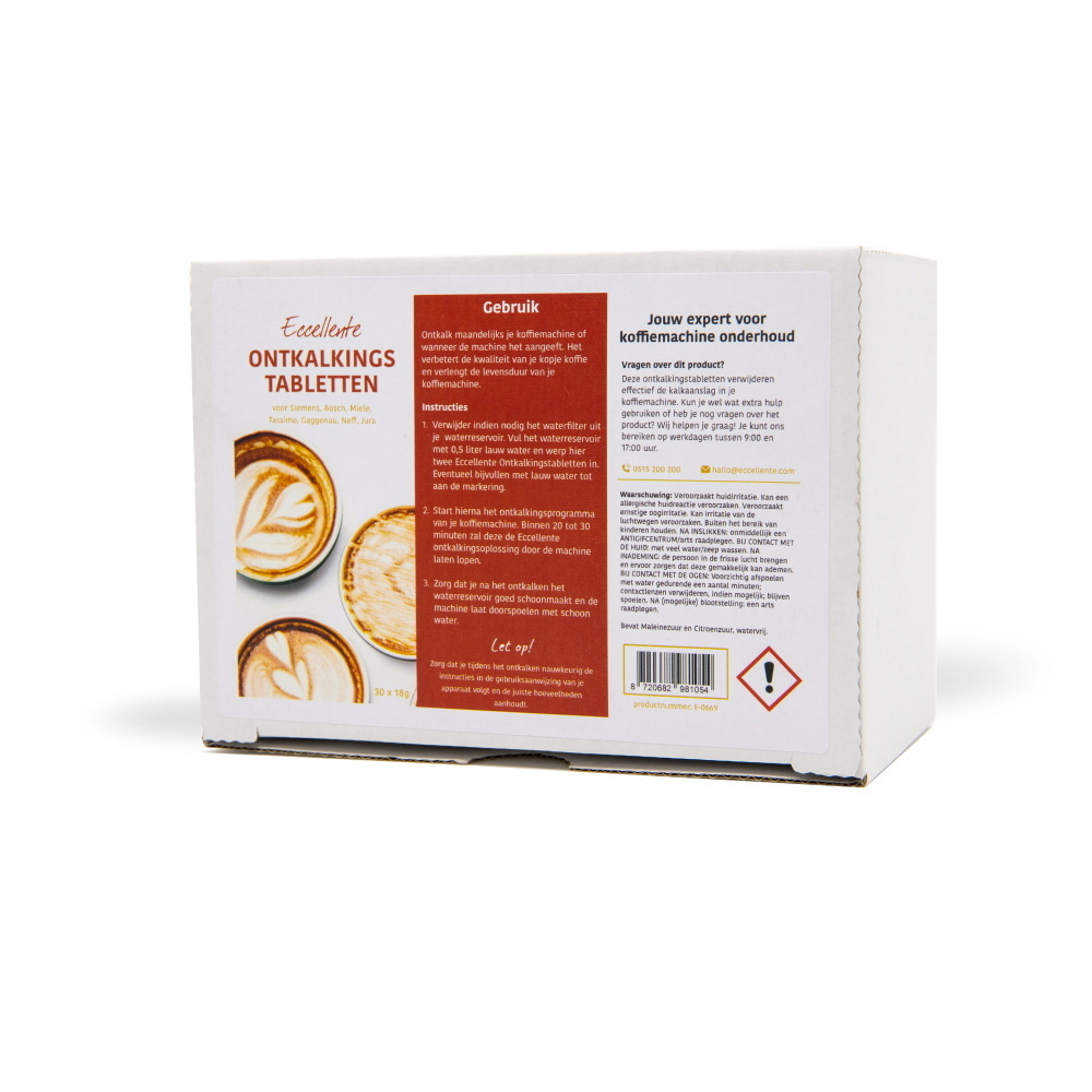 White box with coffee tablet information, coffee images, and Dutch text.