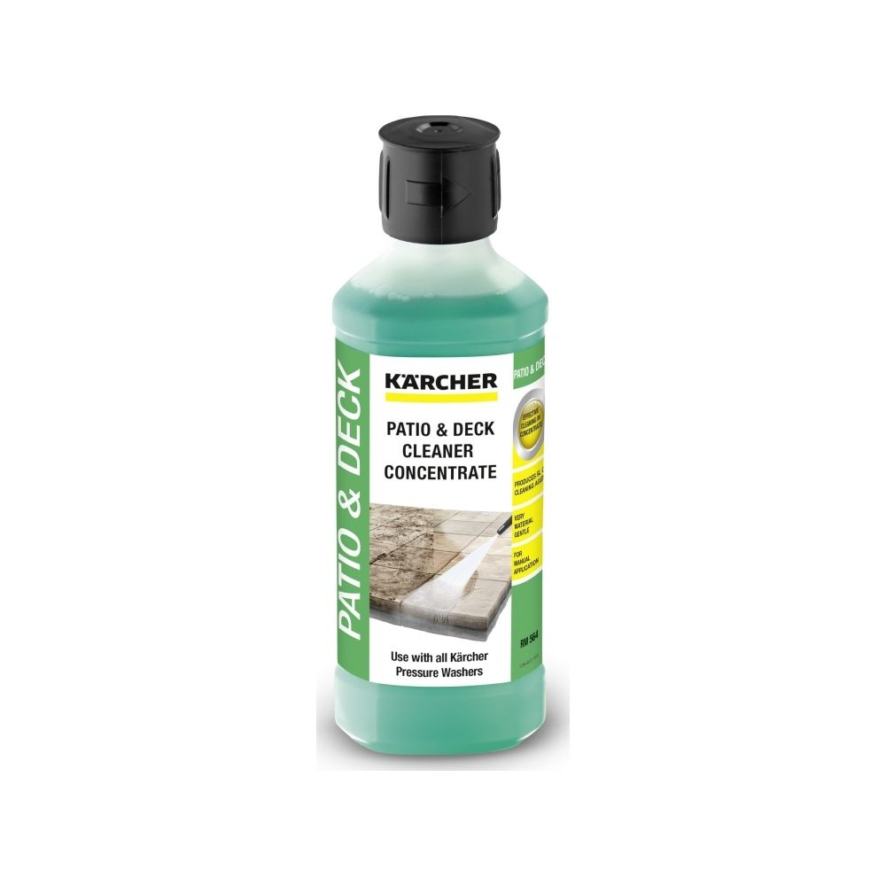 Una botella verde de limpiador concentrado para patios y terrazas Karcher con tapa negra sobre fondo blanco.