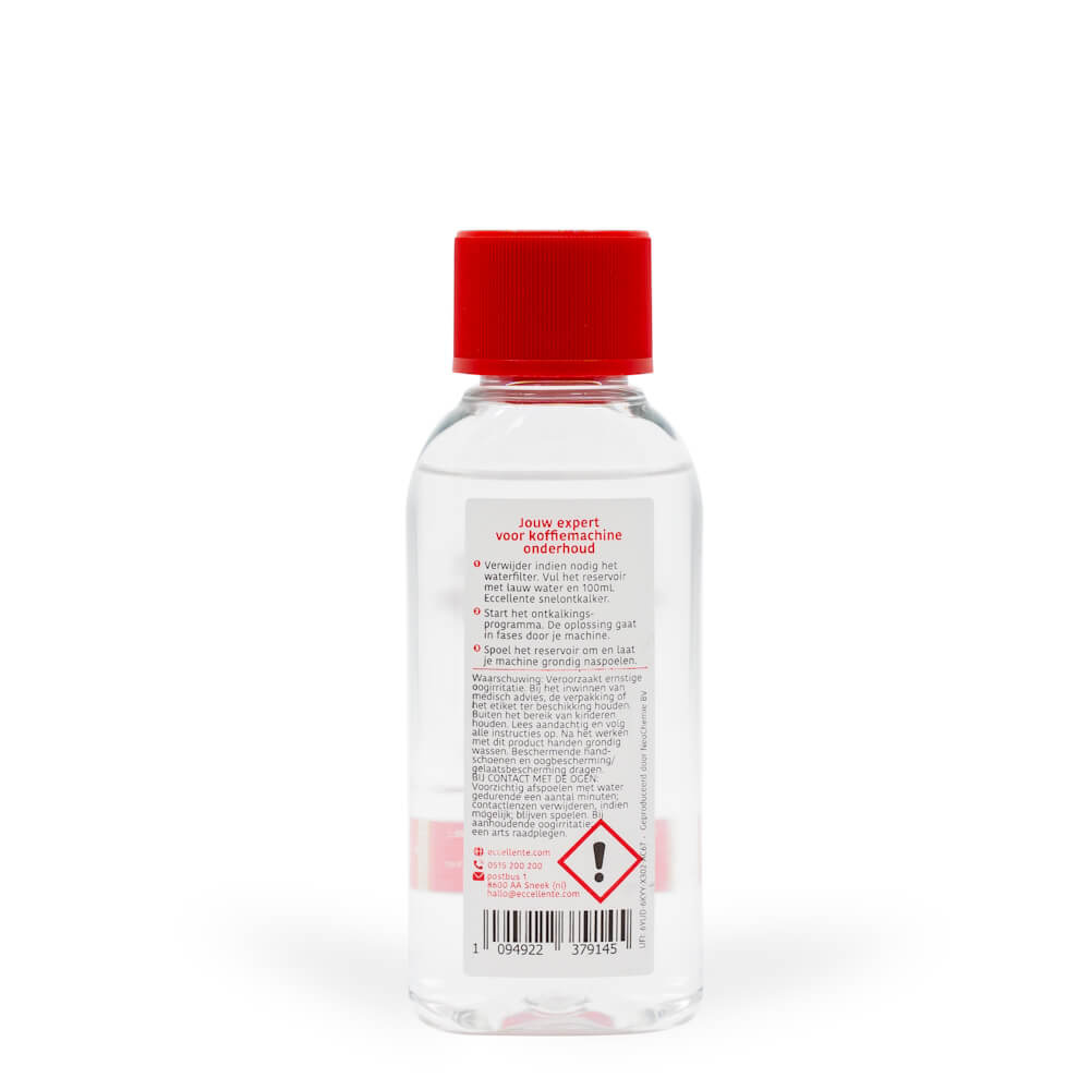 A clear plastic bottle with a red cap, filled with liquid, featuring a detailed label on the back with instructions.