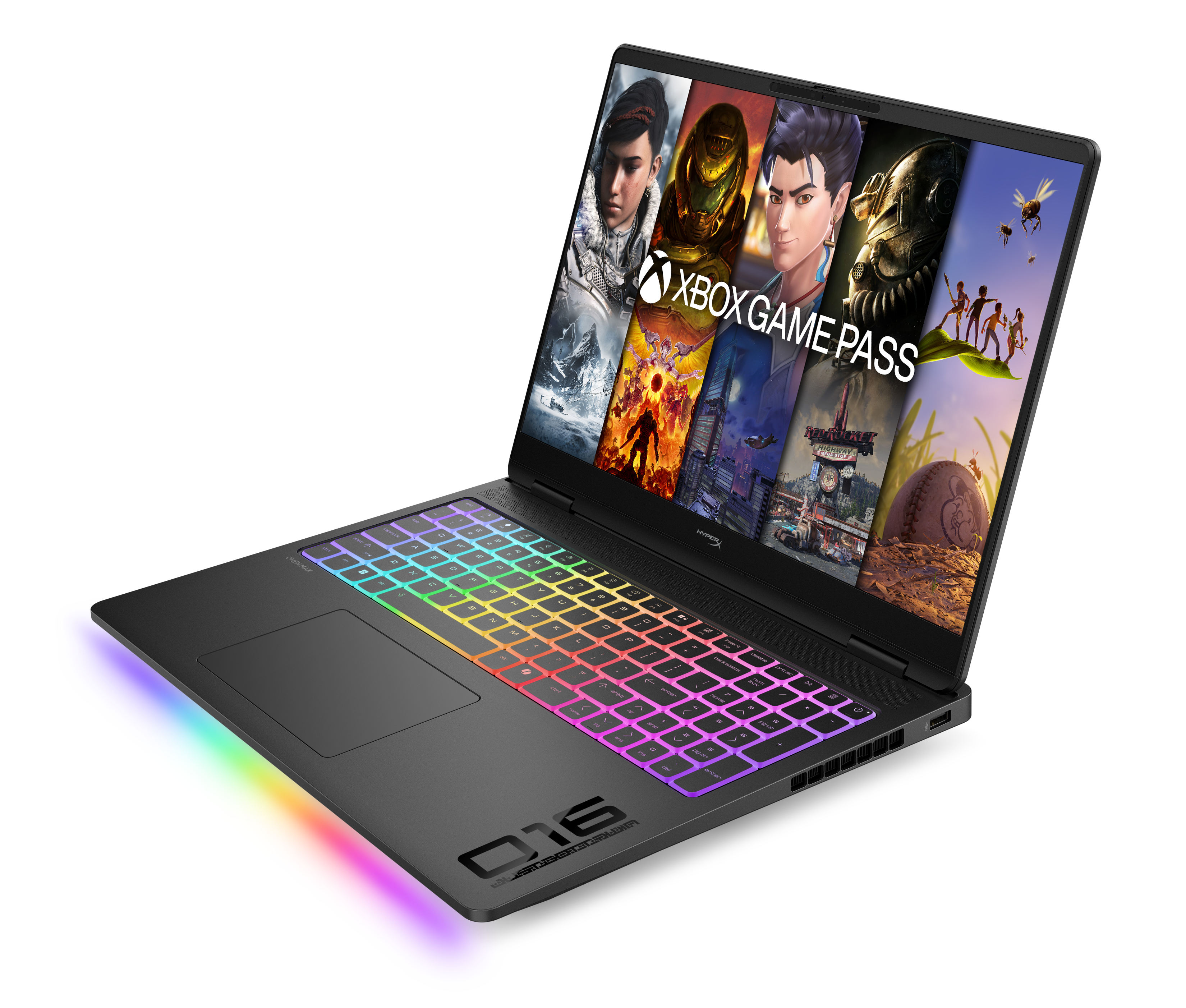 Un laptop da gioco nero con tastiera RGB e illuminazione frontale mostra Xbox Game Pass sullo schermo.