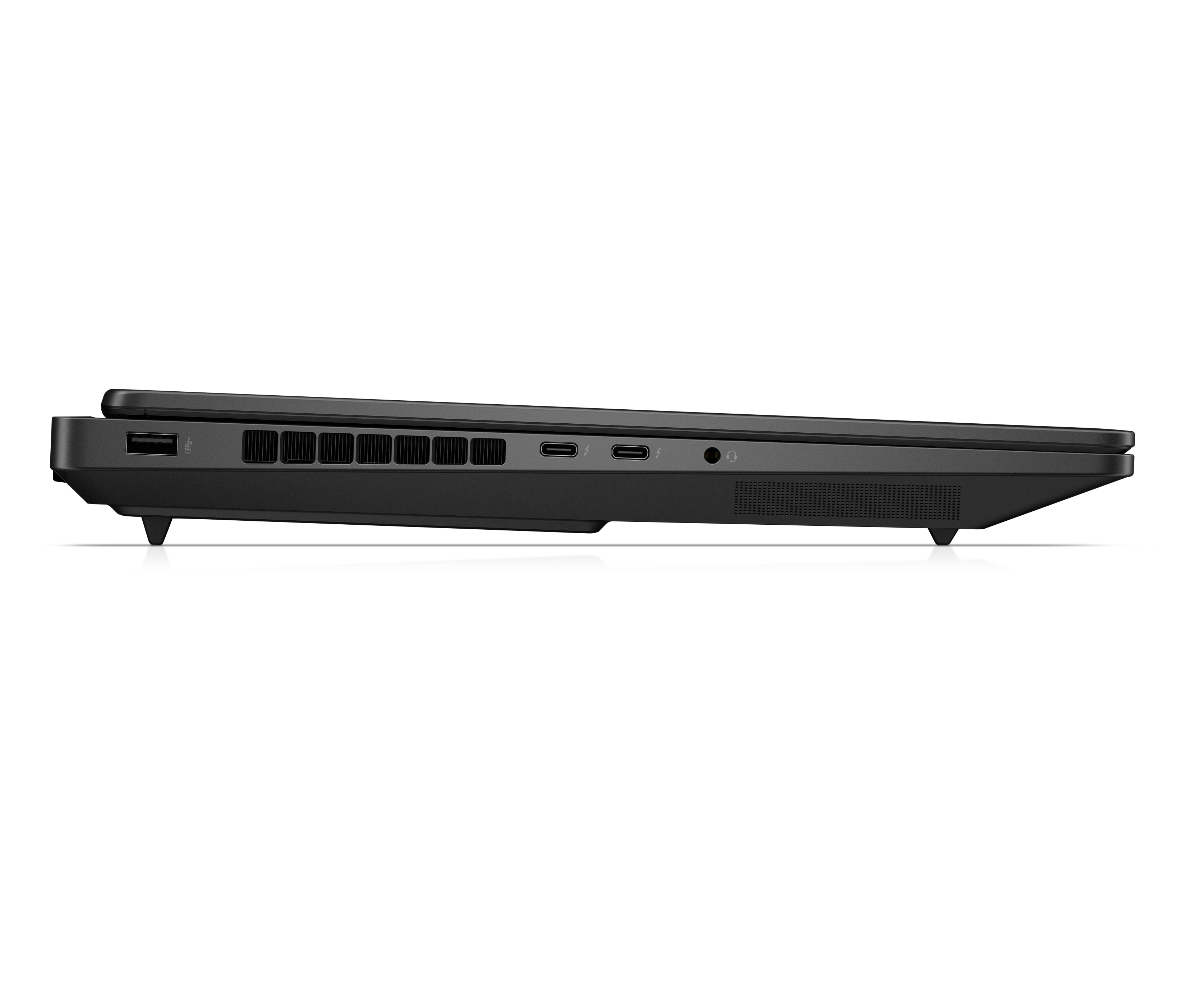 Lato sinistro di un laptop nero con porte USB, USB-C, audio e feritoie di ventilazione.