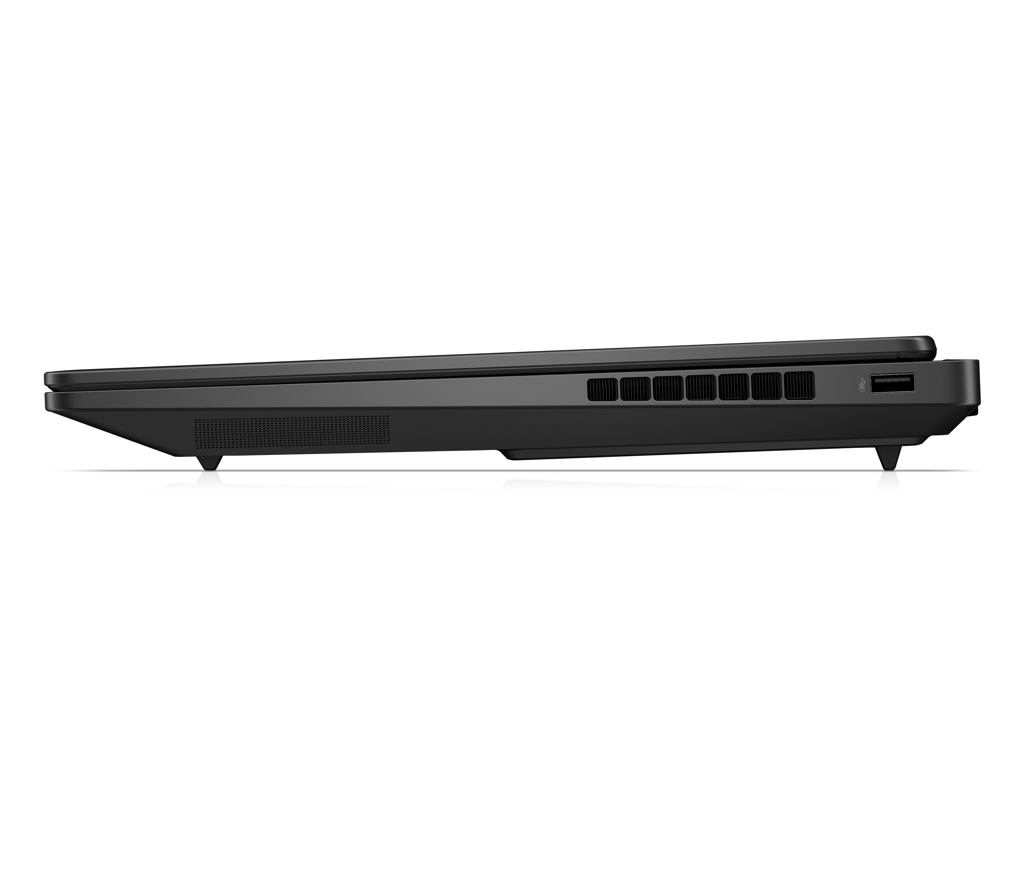 Vista laterale di un laptop nero chiuso che mostra griglie di ventilazione e porte.