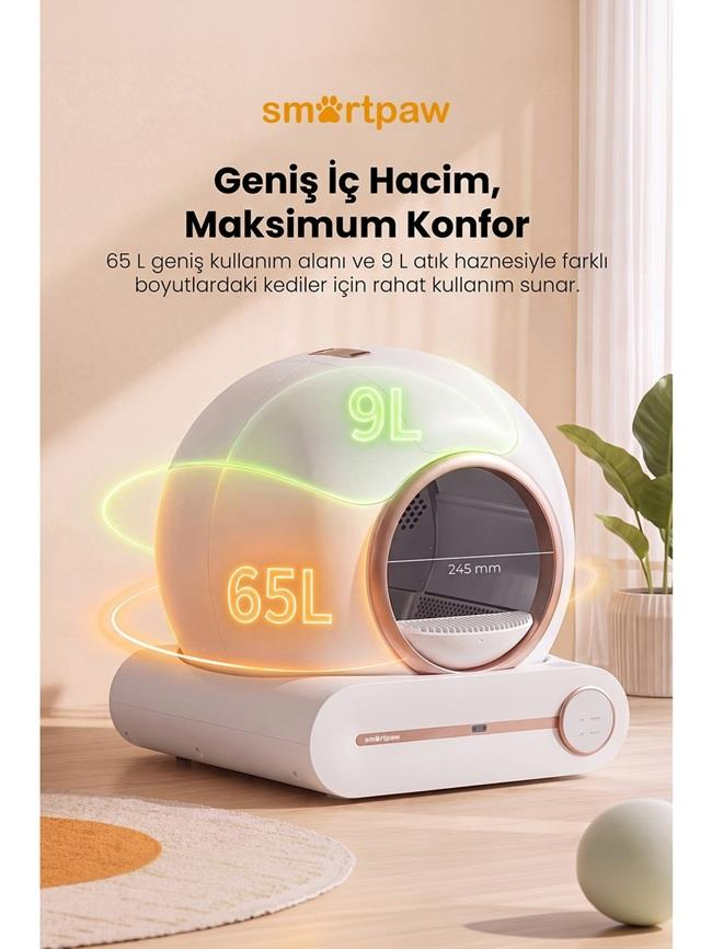 65L kapasiteli ve 9L atık hazneli, Türkçe tanıtım metni içeren beyaz akıllı kedi tuvaleti.
