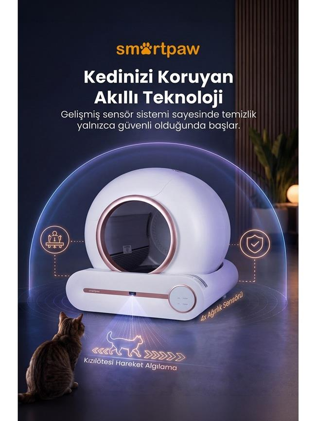 Önünde bir kedi varken, kızılötesi koruma kalkanıyla çevrili beyaz renkli akıllı kedi tuvaleti.