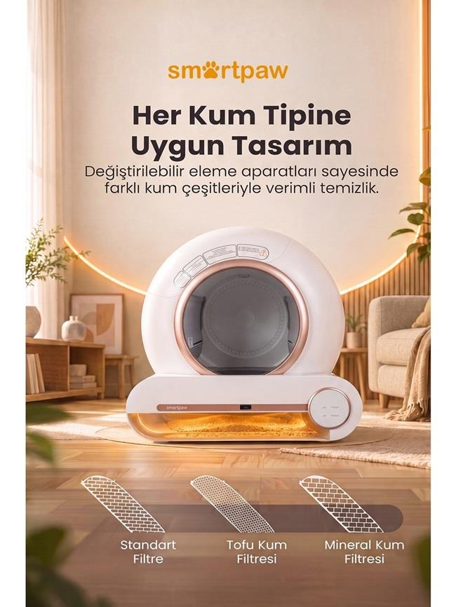 Oturma odasında çeşitli kum türleri için değiştirilebilir filtreli beyaz, kendi kendini temizleyen kedi tuvaleti.