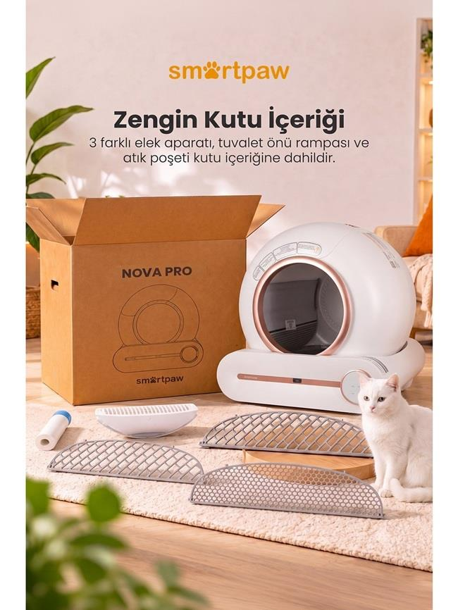 Smartpaw Nova Pro akıllı kedi tuvaleti, kutusu ve aksesuarlarıyla birlikte.