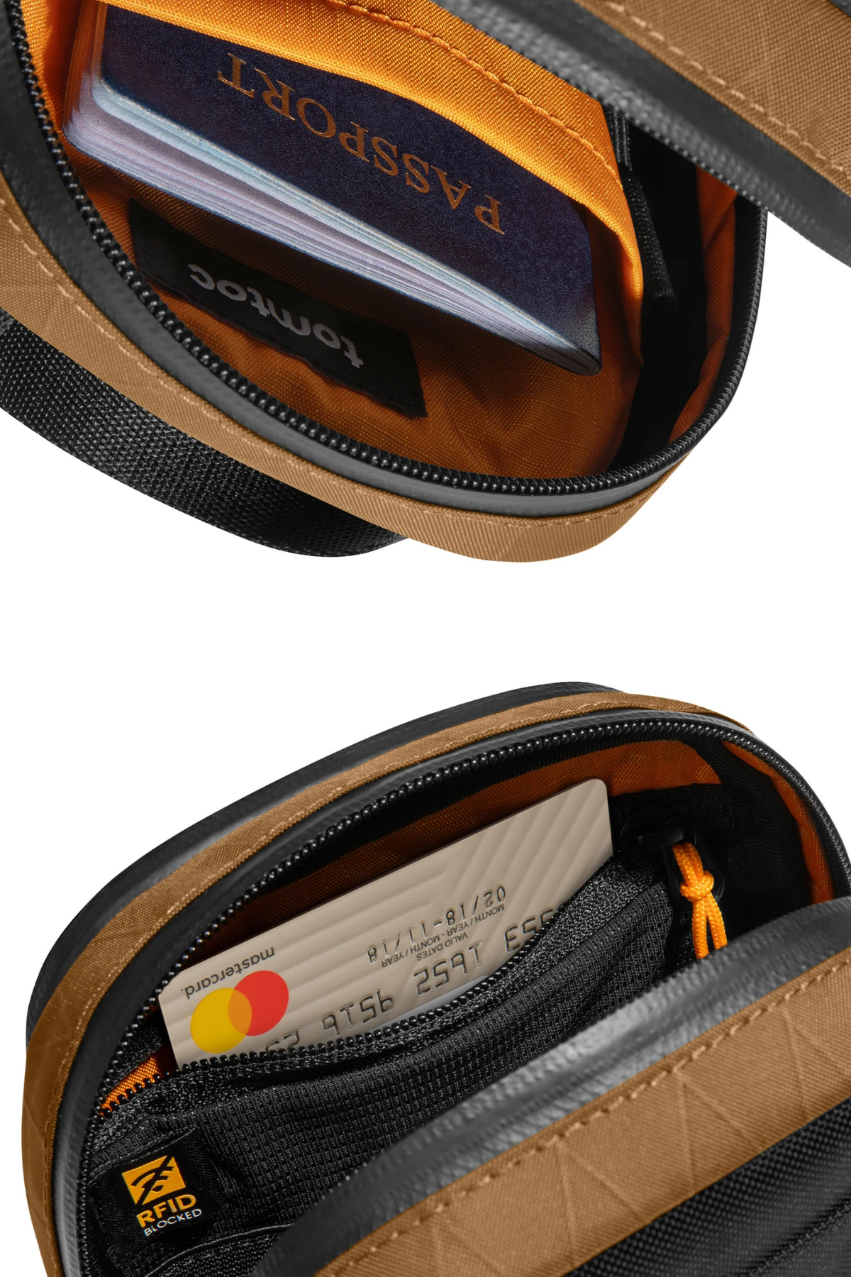 Pasaport ve Mastercard içeren, RFID korumalı kahverengi çanta.